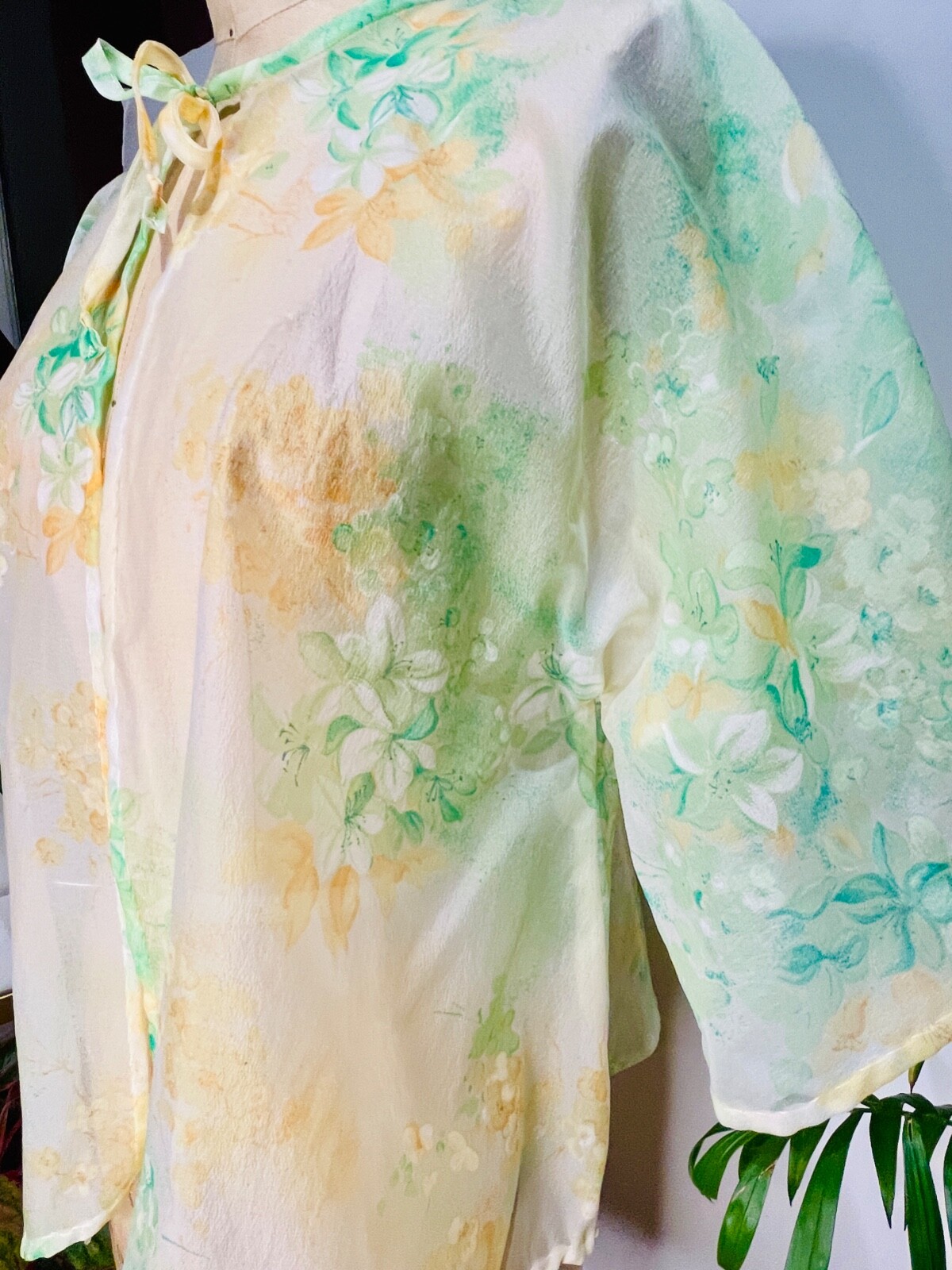 VTG 70’S BOHO DISCO HIPPIE SHEER TIE COVER UP SHIRT TOP GREEN&YELLOW FLORAL*S/M