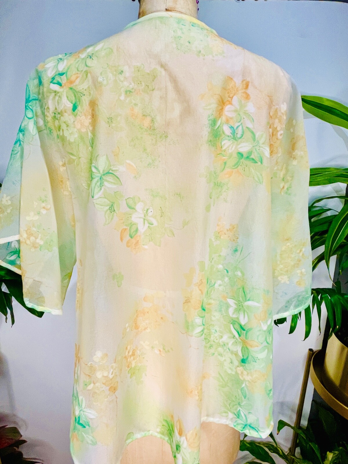 VTG 70’S BOHO DISCO HIPPIE SHEER TIE COVER UP SHIRT TOP GREEN&YELLOW FLORAL*S/M