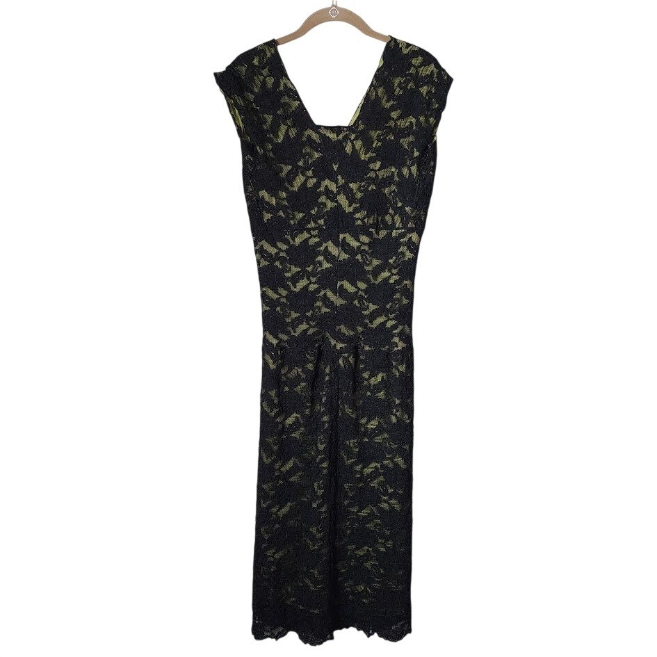Vintage Black Citron Green Lace Floral Midi Dress Whimsygoth Prairie Cottagecore