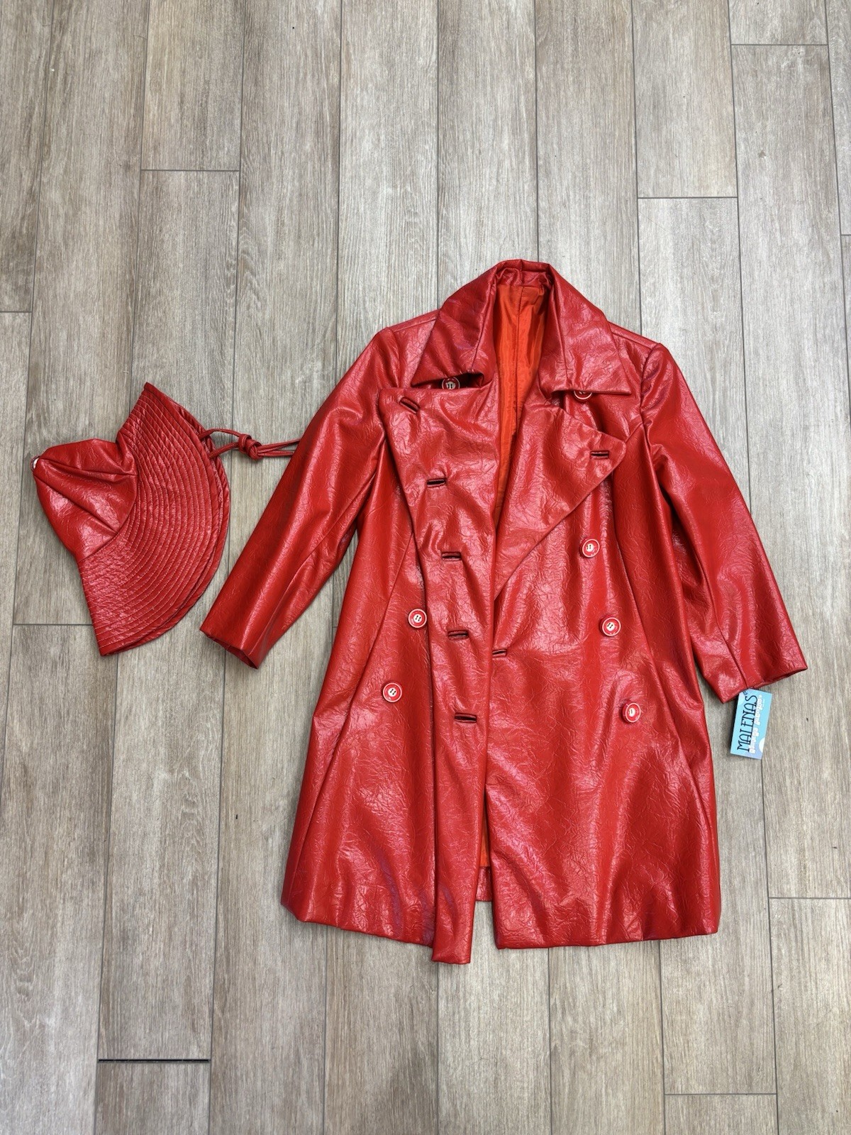 Vintage 1960s Red Pleather Raincoat & Hat Mid Century Acetate Lining AS IS