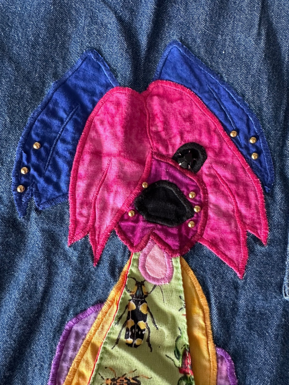 VTG Alfredo’s Wife Wearable Art Whimsical Dog Applique Denim Tunic SZ S OOAK