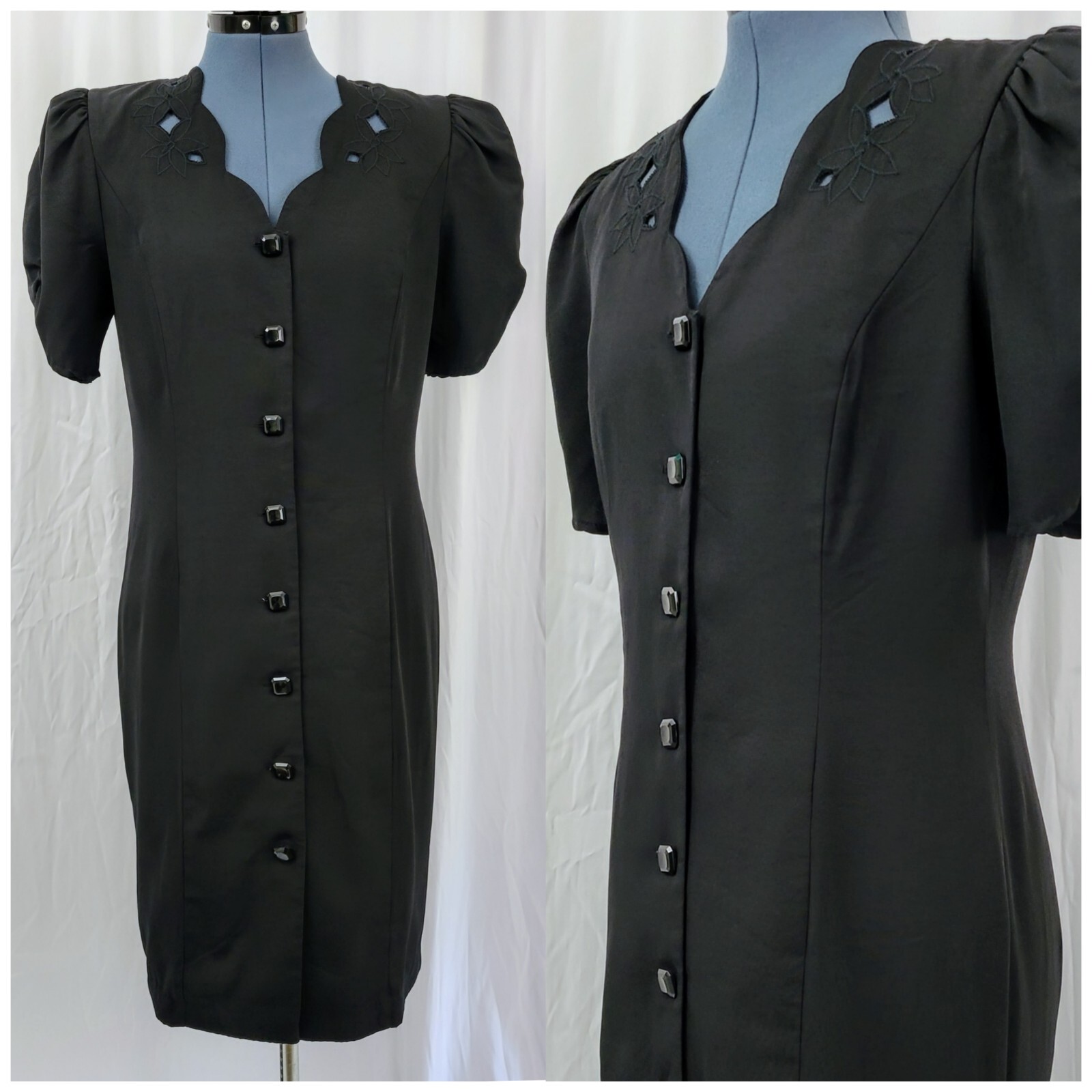 Vintage Willow Ridge Black Button Down Dress w Emb Cutout Size 10