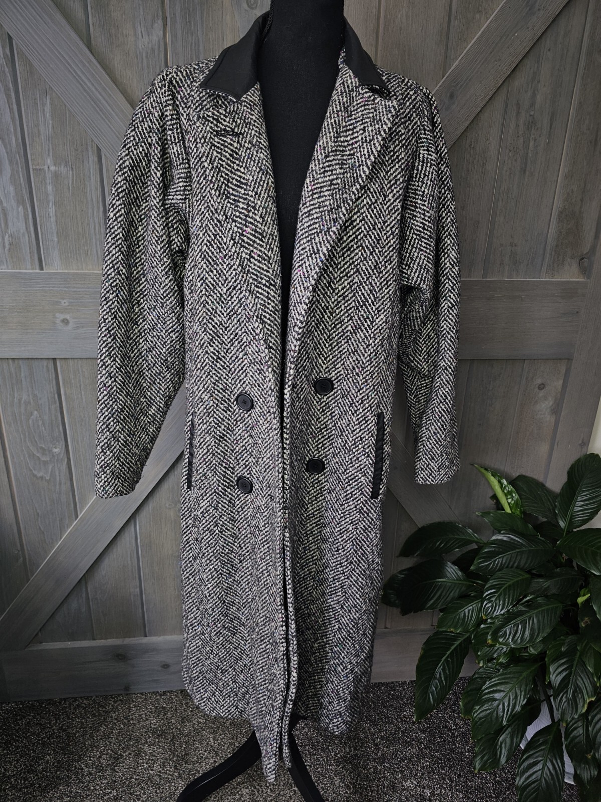 Vintage 90’s Women’s Leather Trim Tweed New York Girl Winter Long Coat sz 10