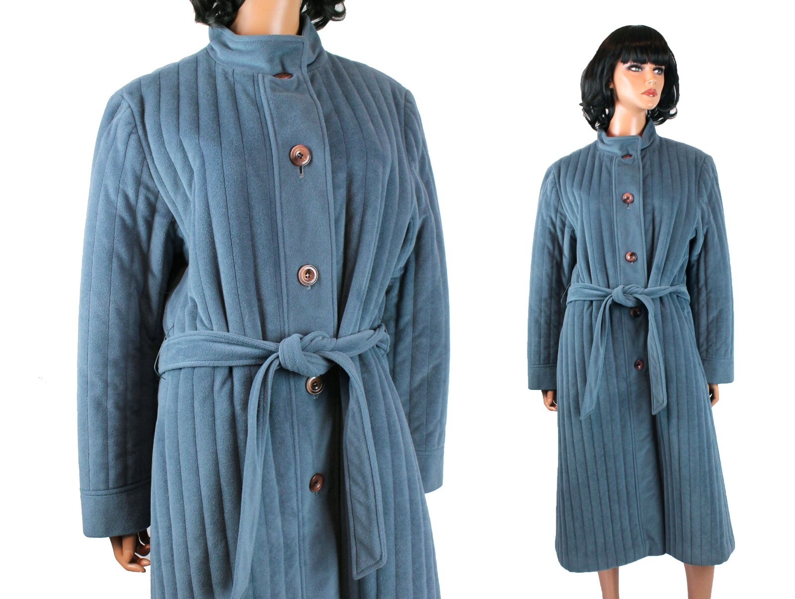 Vintage Trench Coat Sz M 80s Bromleigh Blue Quilted Long Velvety Velour Jacket