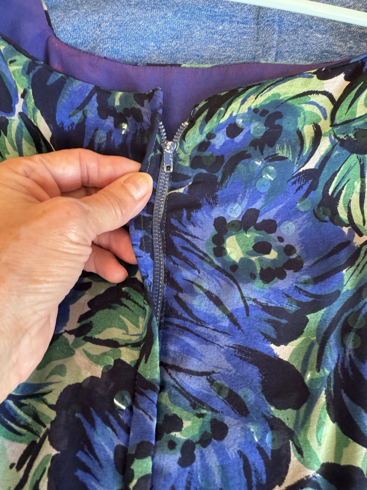 1960s Vintage Silk Chiffon Party DRESS Blue/Green Floral Lined Taffeta M Sequin