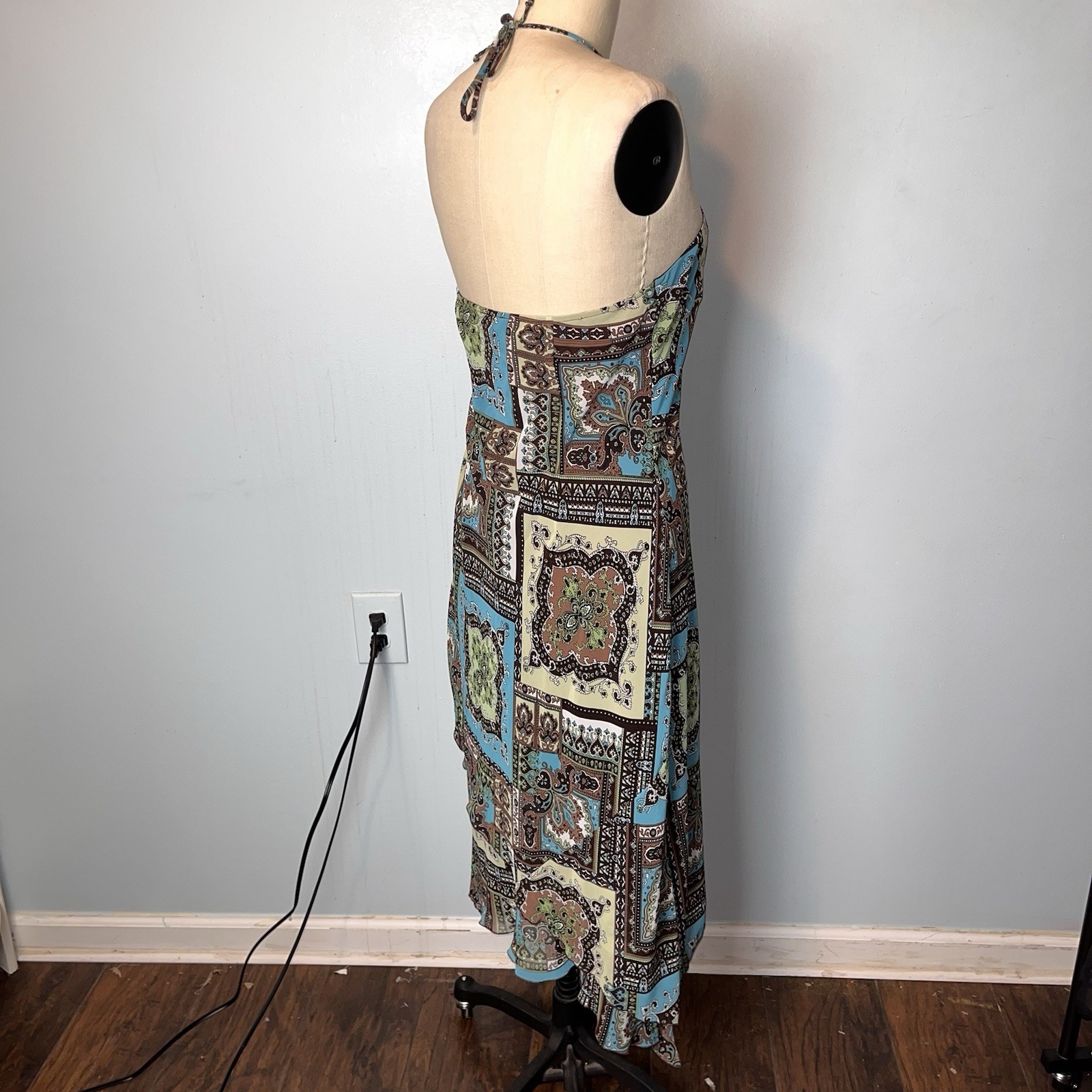 Vtg Y2K Paisley Patchwork Blue Brown Whimsy Fairy Halter Dress Asymmetric Hem 10