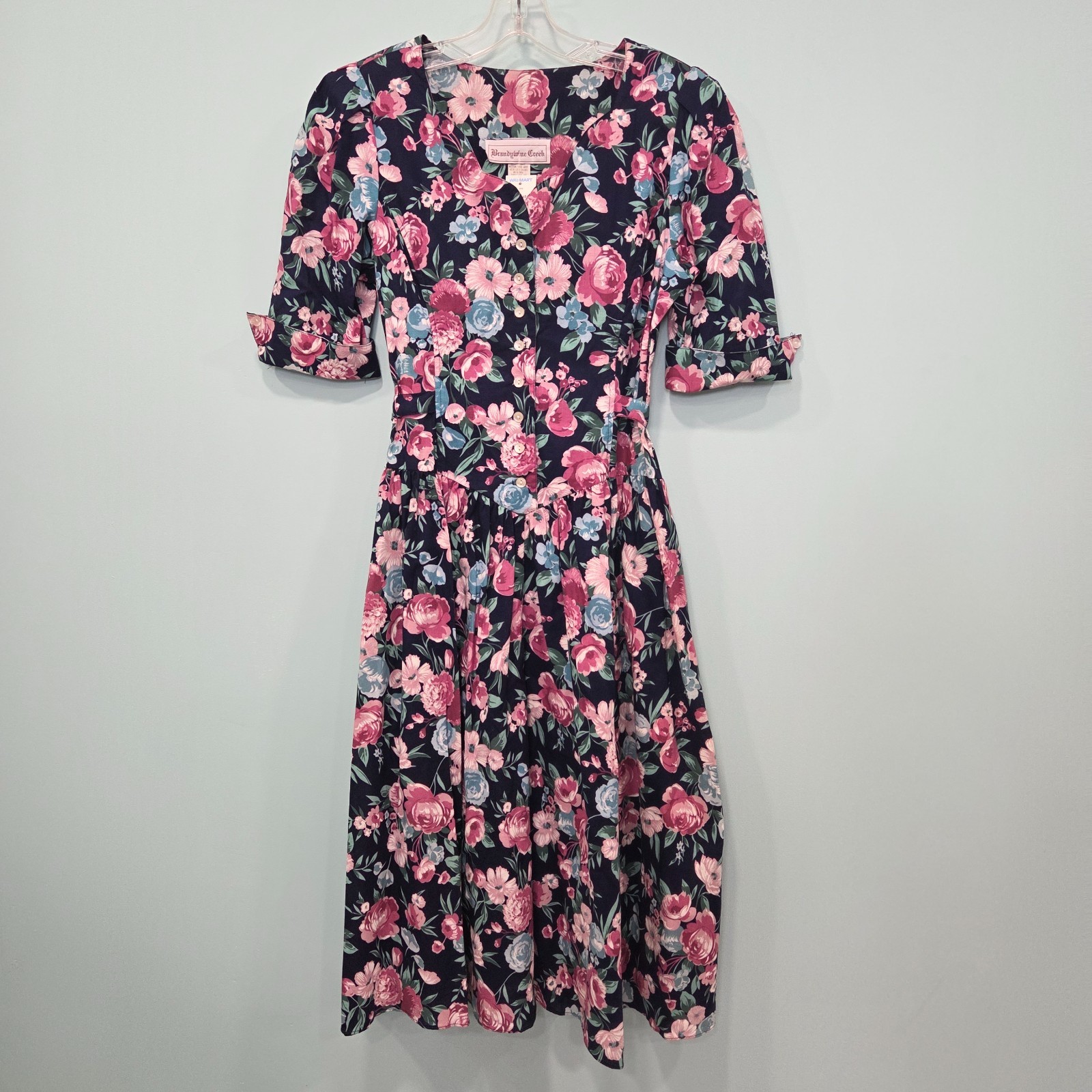 VTG Brandywine Creek A-Line Floral Garden Cottage Midi Dress Button Bow 9/10 NEW