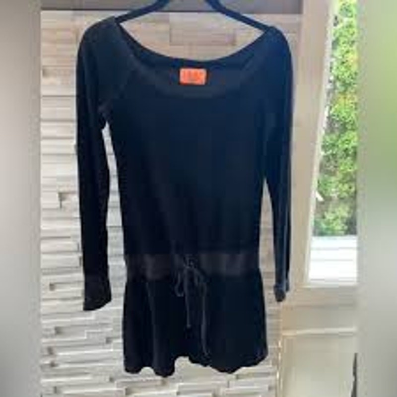 Vintage Y2K JUICY COUTURE Velour Mini Dress Long Sleeve Size XS-S Black P