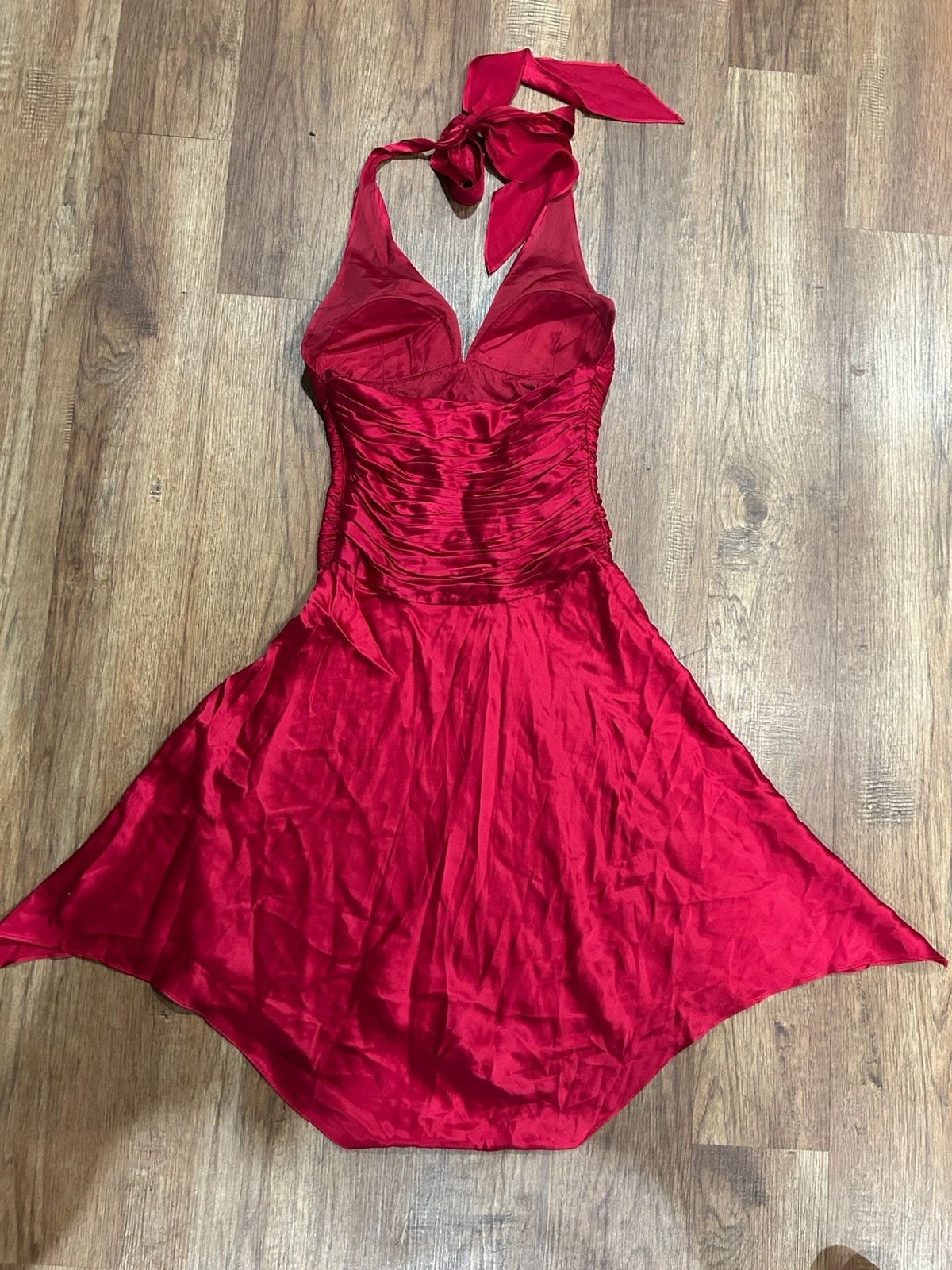 Vintage Cache Vintage Y2K Red Satin Ruched Halter Mini Dress