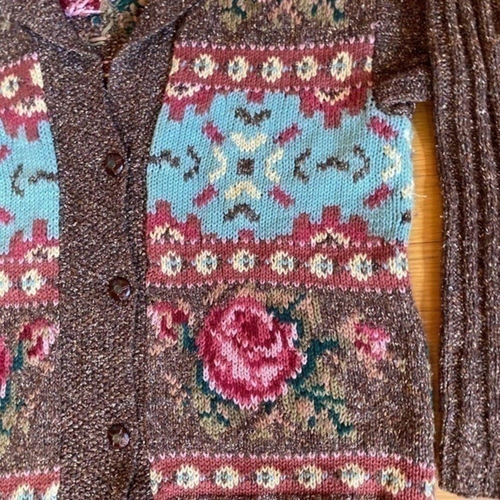 Vintage River Art Brown Rose Wool & Silk Cardigan Size Large