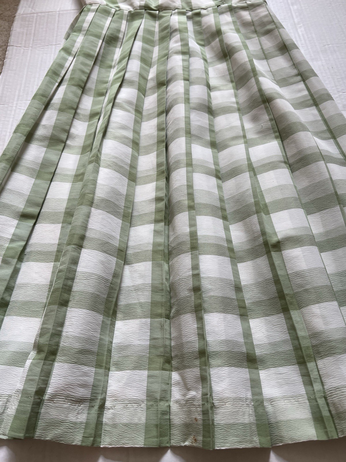 Vintage 1940-50’s Green Gingham Check Dress Zip Pleated No Sleeves XS Homemade