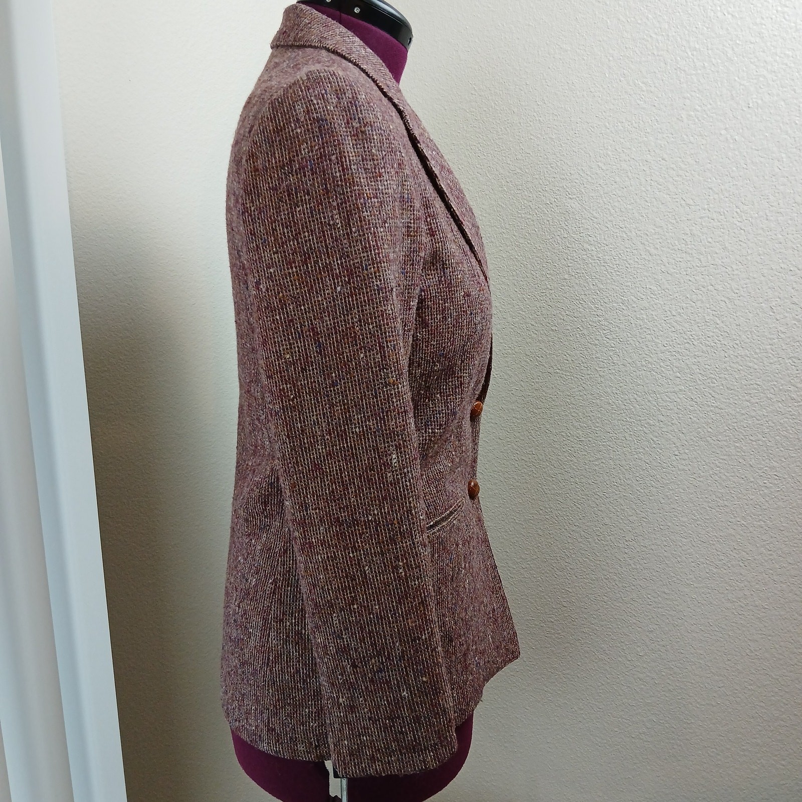 Farah for her Burgundy Tweed Blazer 10 VTG 70s wool blend pockets knot buttons