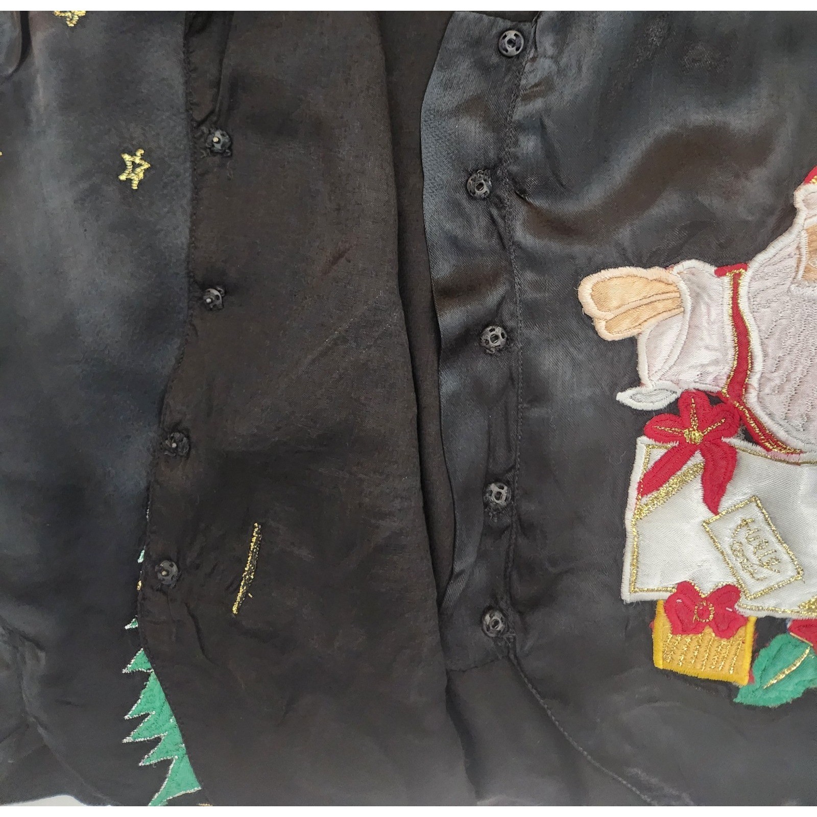 Vintage SATIN Christmas vest Ornaments Santa Black Red Applique medium chest 38