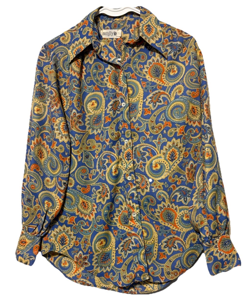 Vintage 70s Button Up Top Long Sleeve Blue Paisley Floral Women 6 Blouse EMILY M