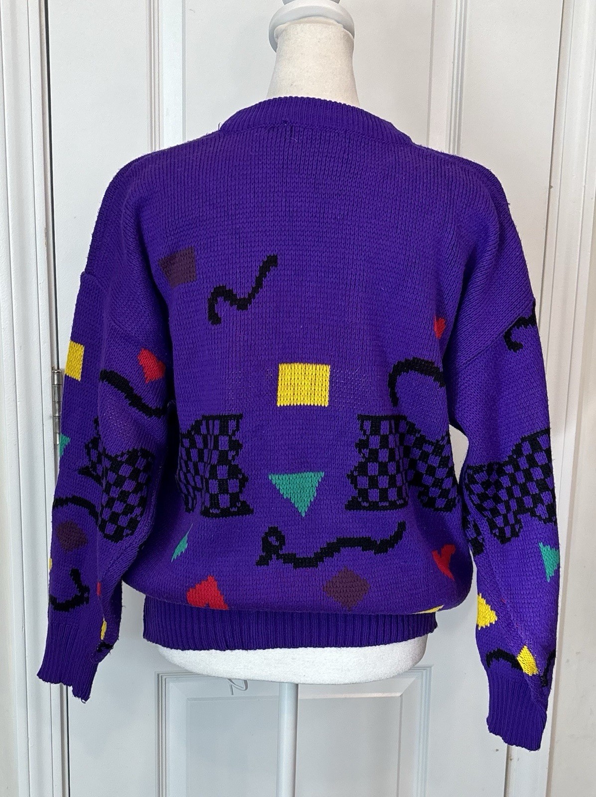 Vintage 80s Chateau Sweater M Purple Abstract Geometric Novelty Knit Colorblock