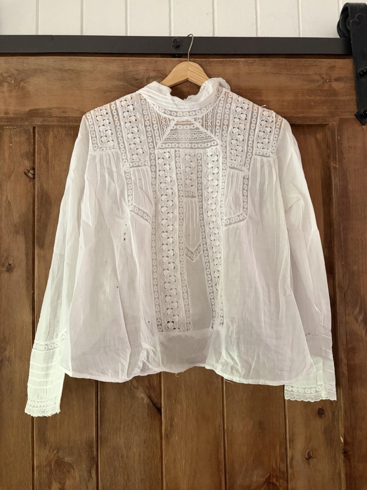 Antique Edwardian White Cotton Lace Blouse Bodice Whitework Pintuck c. 1900s