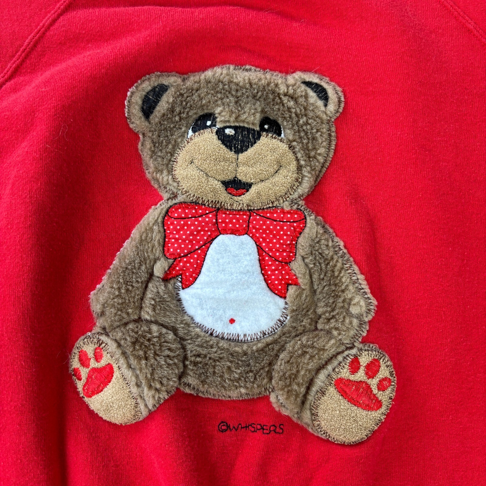 Vintage 90s Whispers Teddy Bear Red Raglan Sweatshirt Fur 3D Applique Womens XS