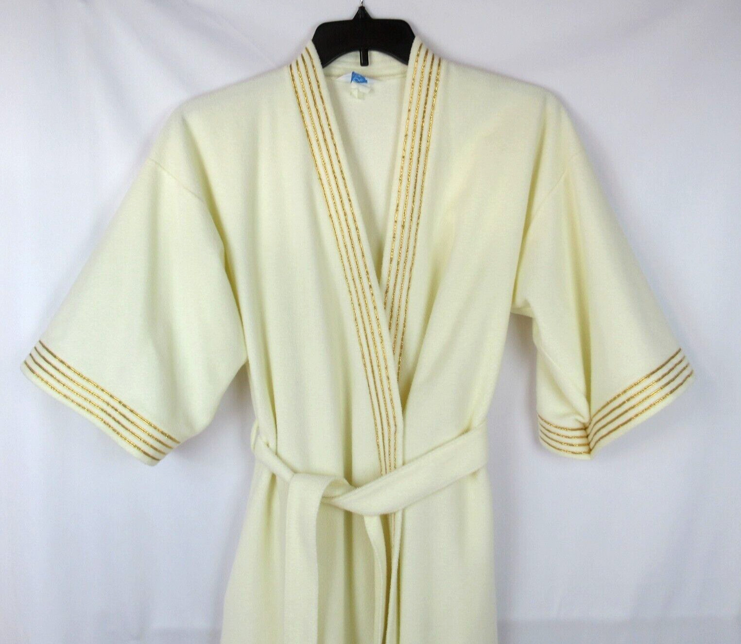Vintage SEARS Cream Robe Gold Metallic Trim Belt SMALL 3/4 Sleeves At Home Wear