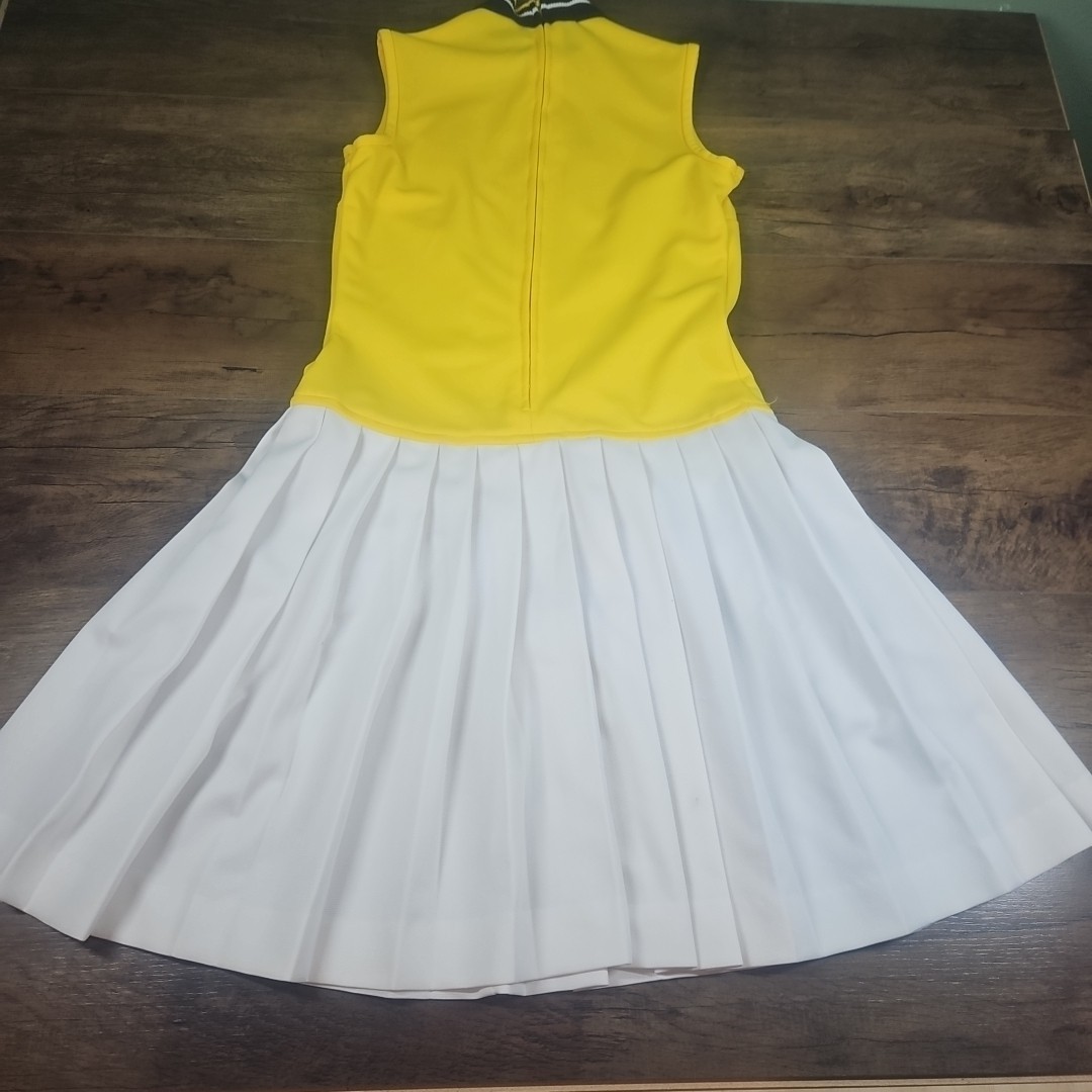 Vintage 60s Blue Yellow White Toni Todd Accordion Pleat Flare Dress & Sweater