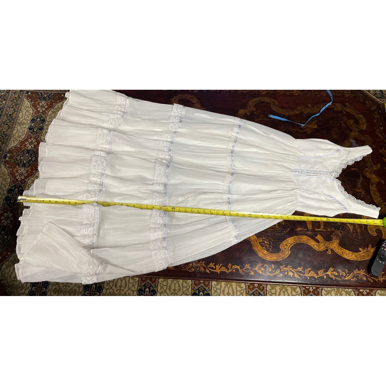 Vtg Gunne Sax Jessica Cream Lace Blue Trim Tiered Maxi Dress Milkmaid Prairie XS