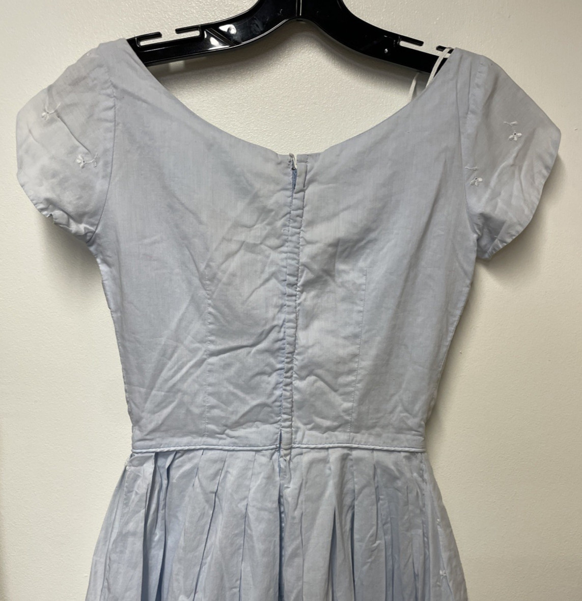 Vtg Blue Cotton Dress W/ Embroidered White Flowers Layered Split Skirt Flowy XS