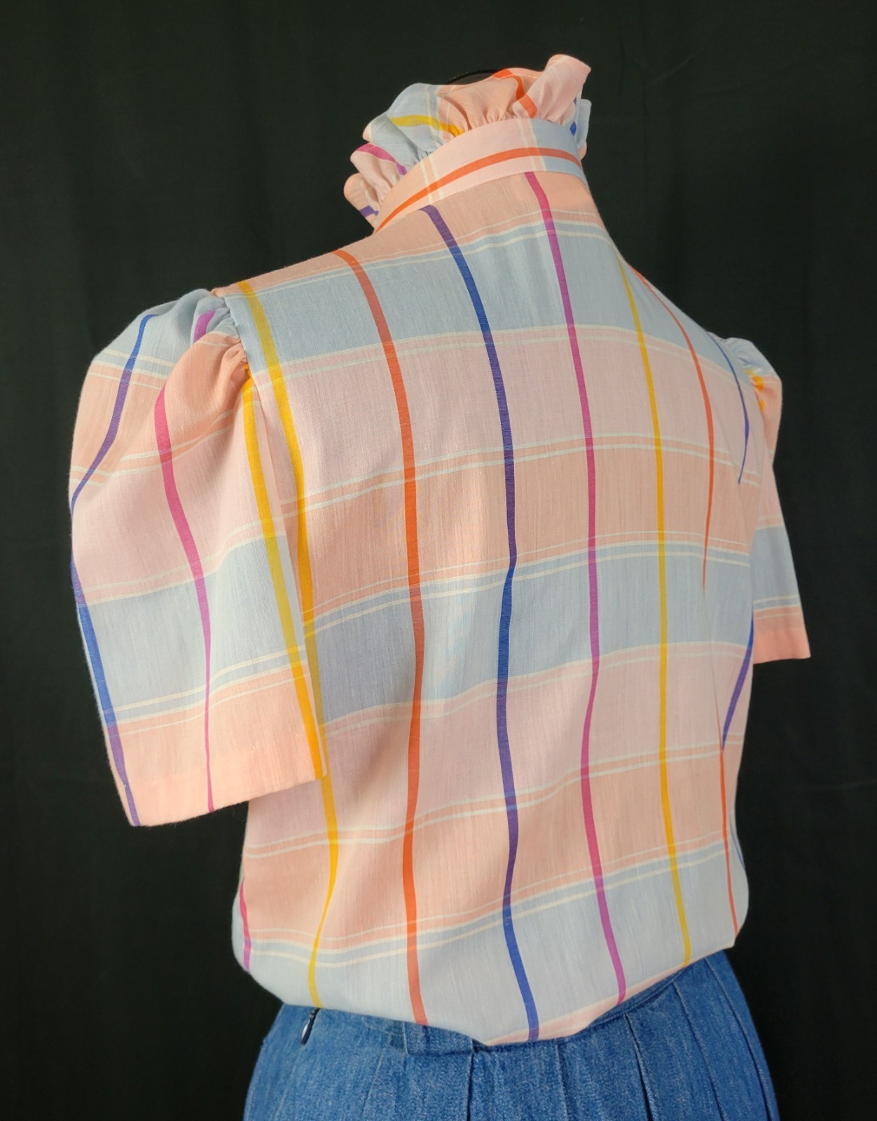 Vtg Lucky Winner Peach/Blue/Pink/Purple Plaid Top w Ruffled Collar Size 11/12