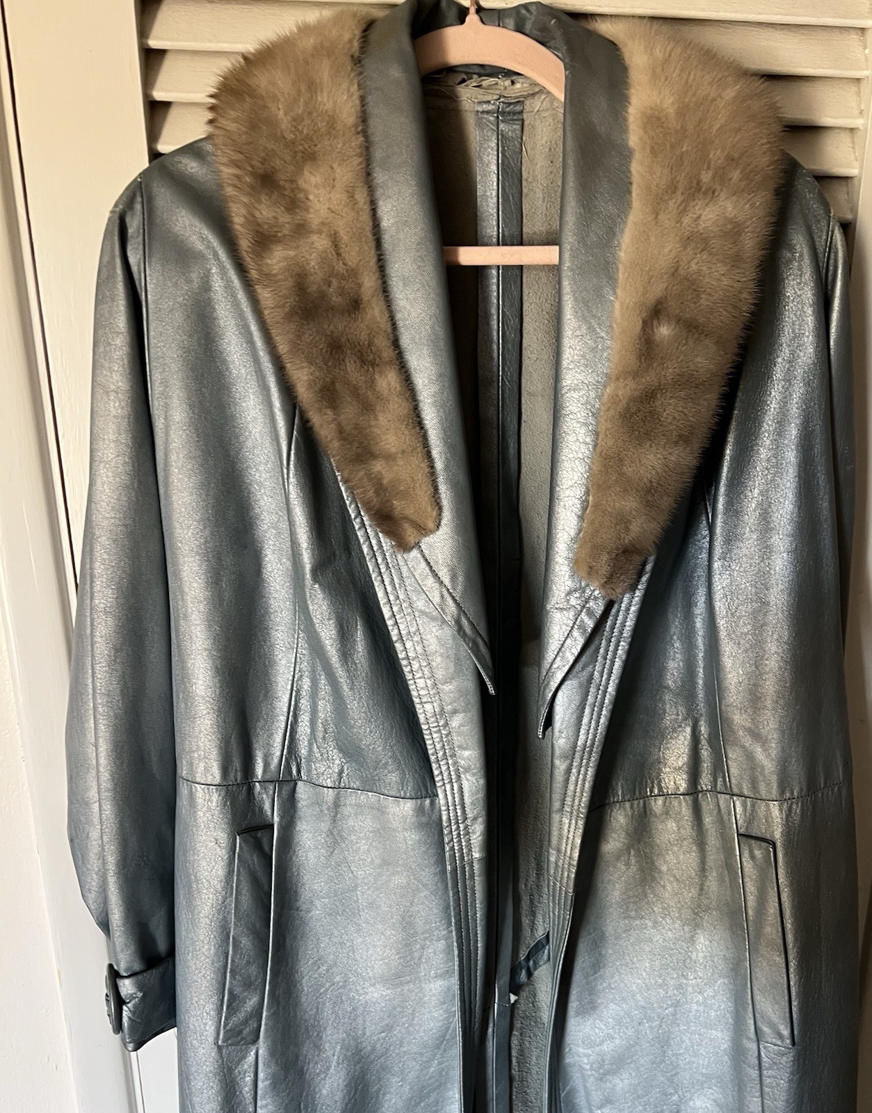 Vintage Shiny Blue Leather Coat w/ Fur Collar – No Lining or Brand, Still Sweet