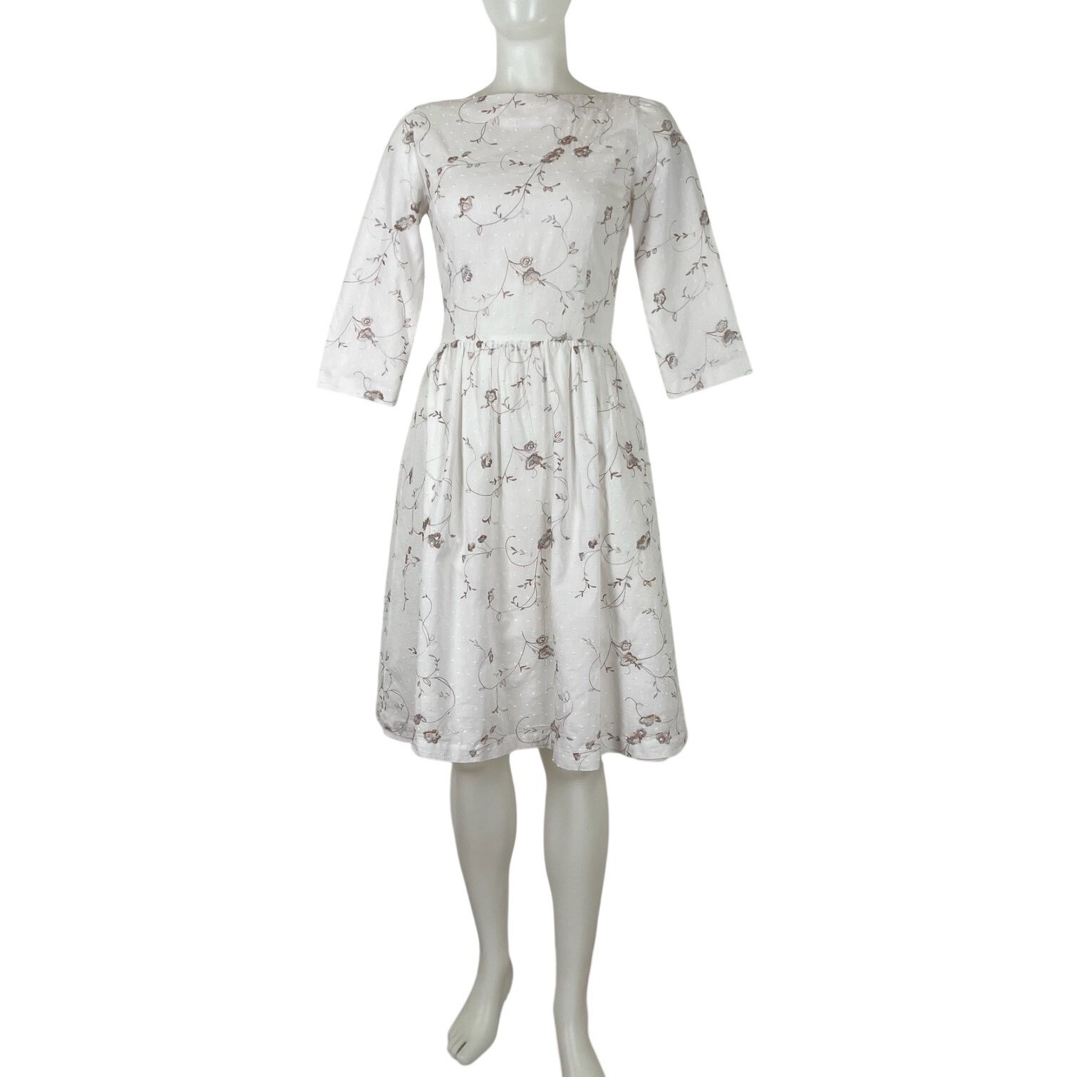 VTG 60s Tea Dress White Swiss Dot Embroidered Floral Classic Cotton Lined S/XS