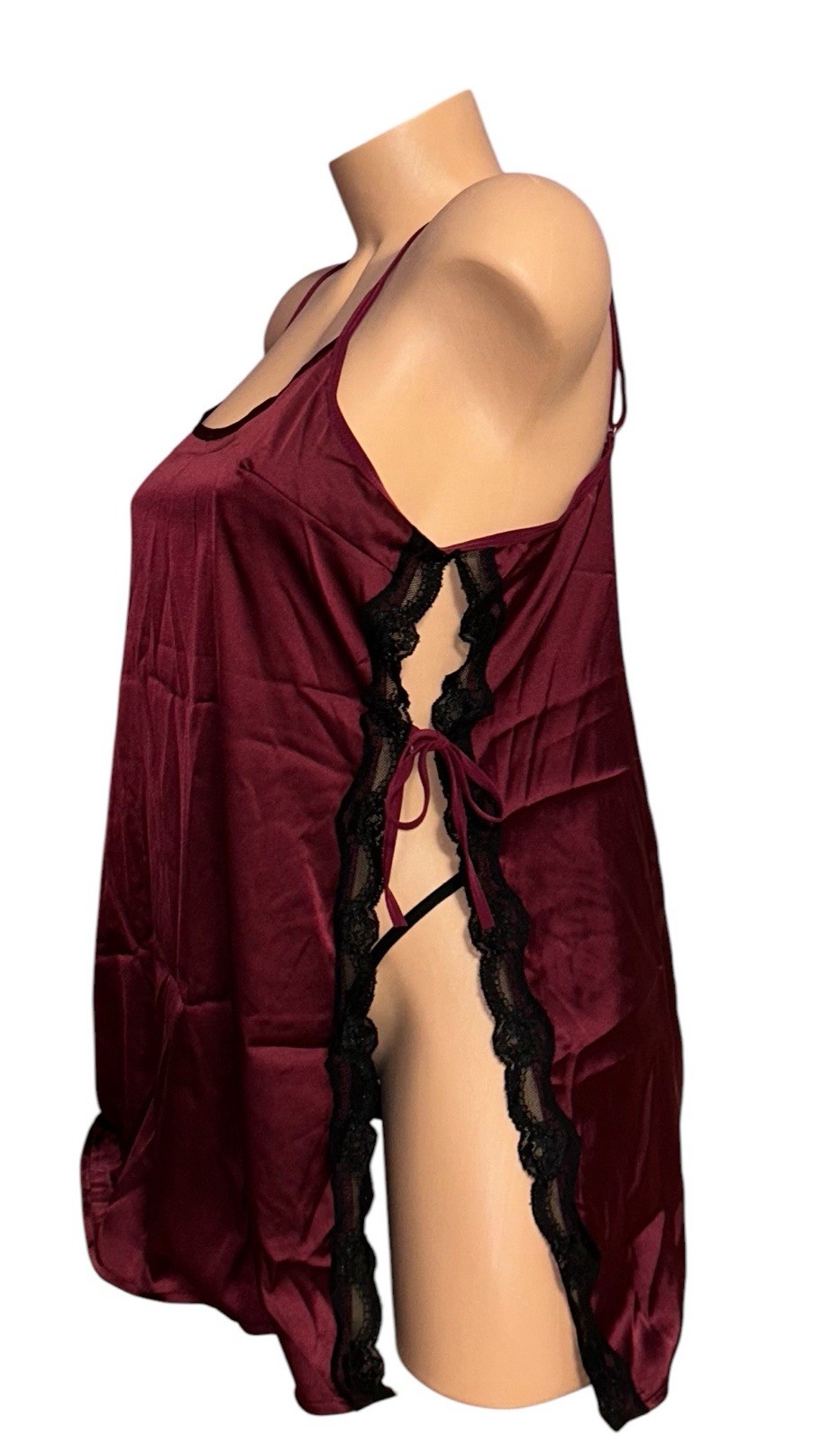 2PC Avidlove Maroon Shiny Satin Black Lace Trim Nightie & Panties NWT XL