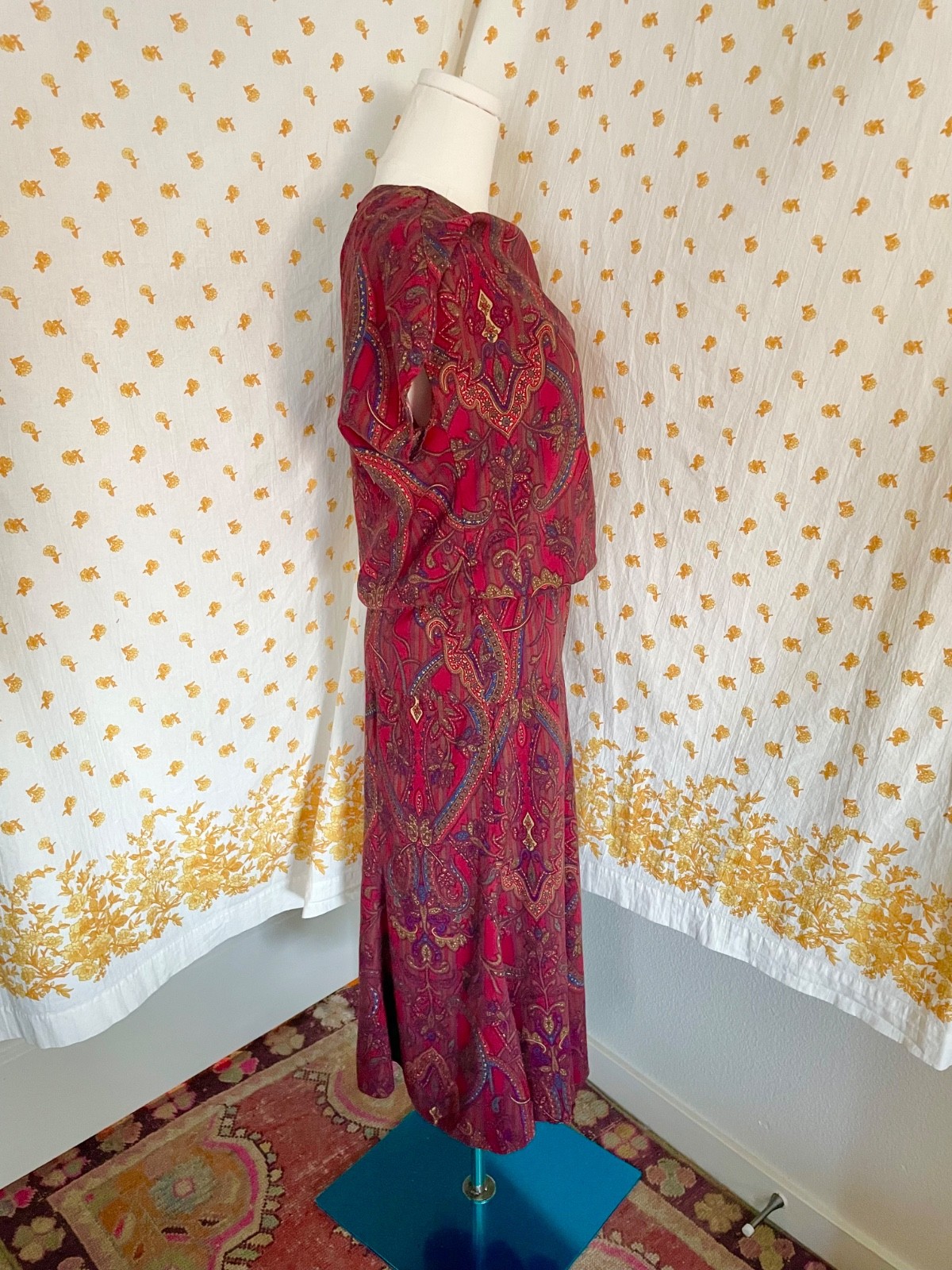 Vintage Amy-Deb Paisley Rayon Midi Dress 80s 90s Boho Jewel Tone USA M