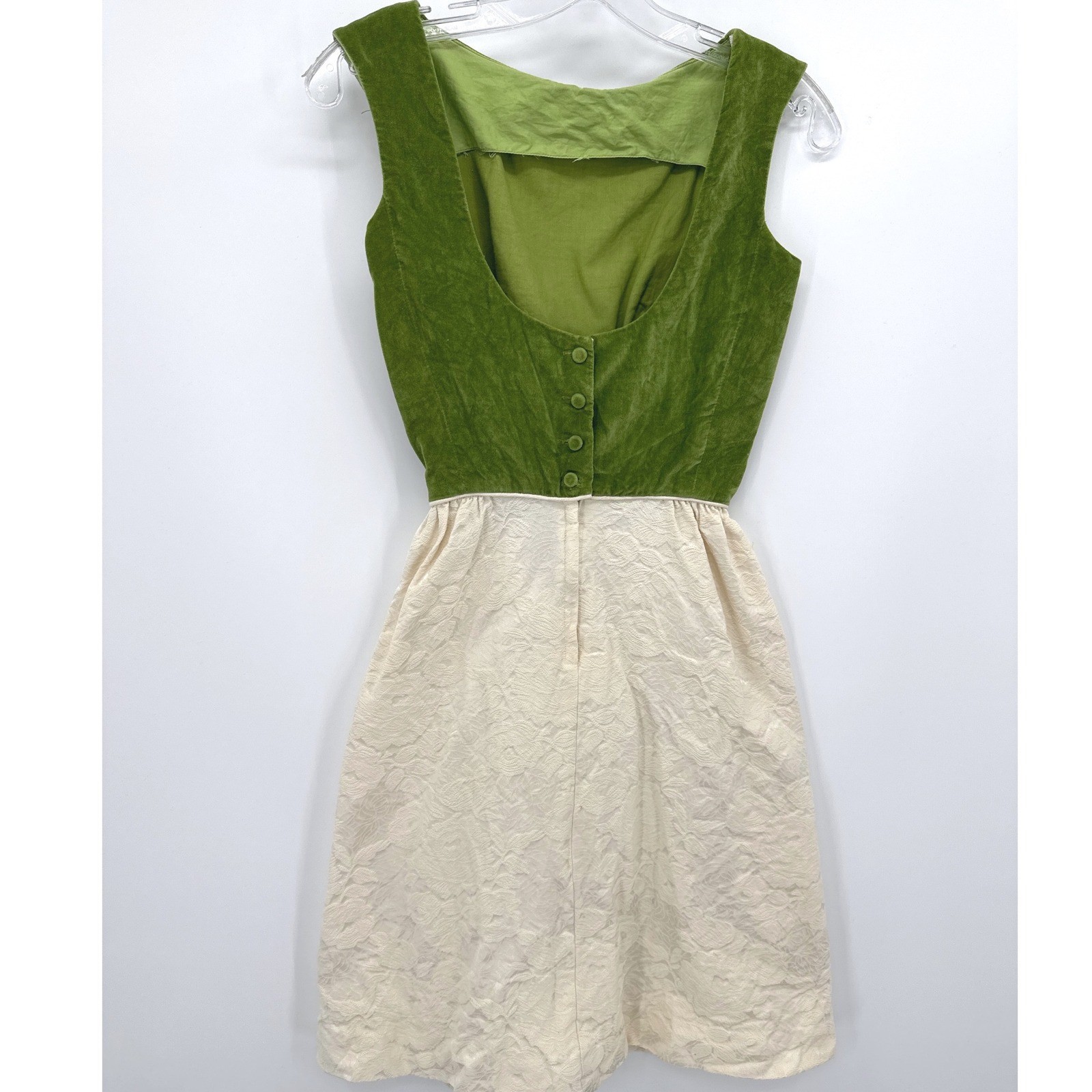 VTG 1960’s Green Velvet Cocktail Dress Cream Floral Brocade Luxury Rockabilly