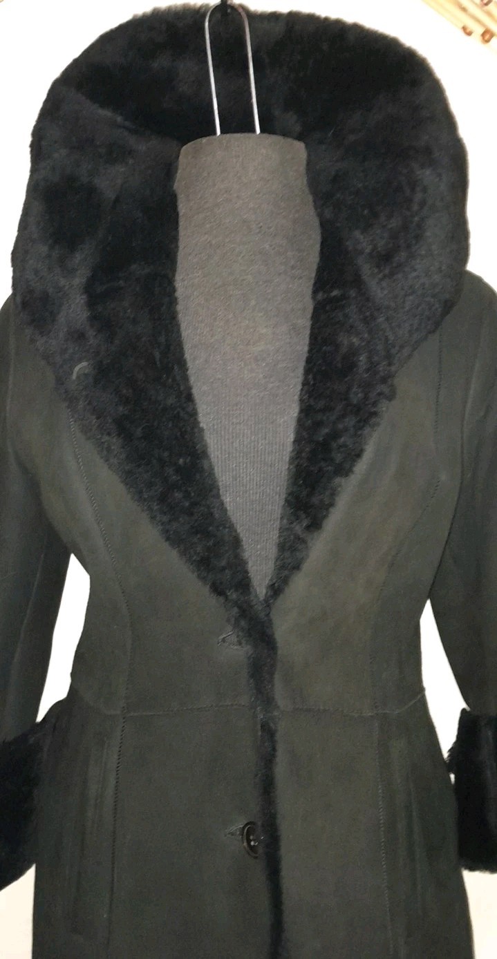 Vtg 90s Y2K Shearling Sheep Skin Leather Spy Black MATRIX long Sheath Goth Coat