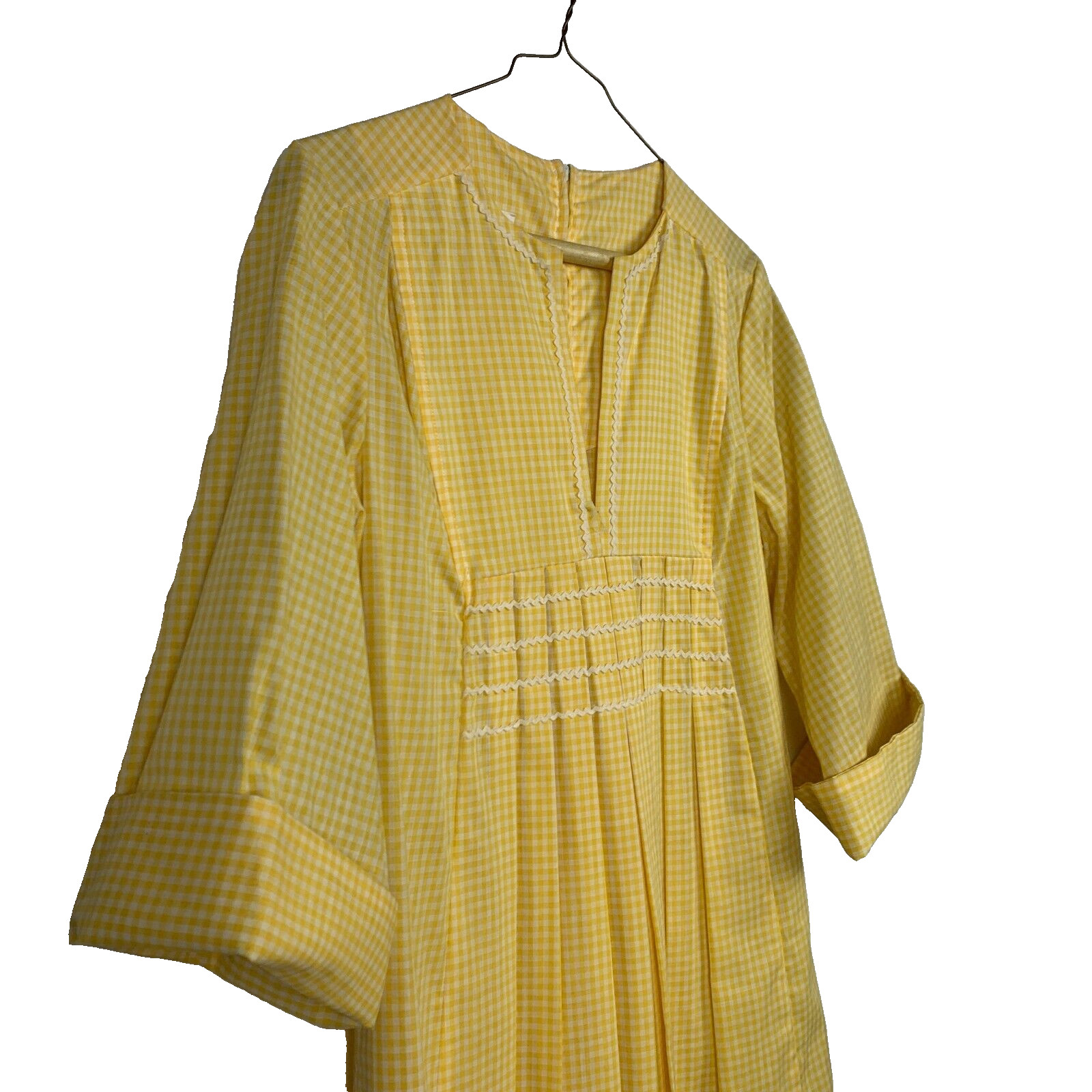 Vintage Smart Time Yellow White Gingham Plaid House Dress Chest 16.5″
