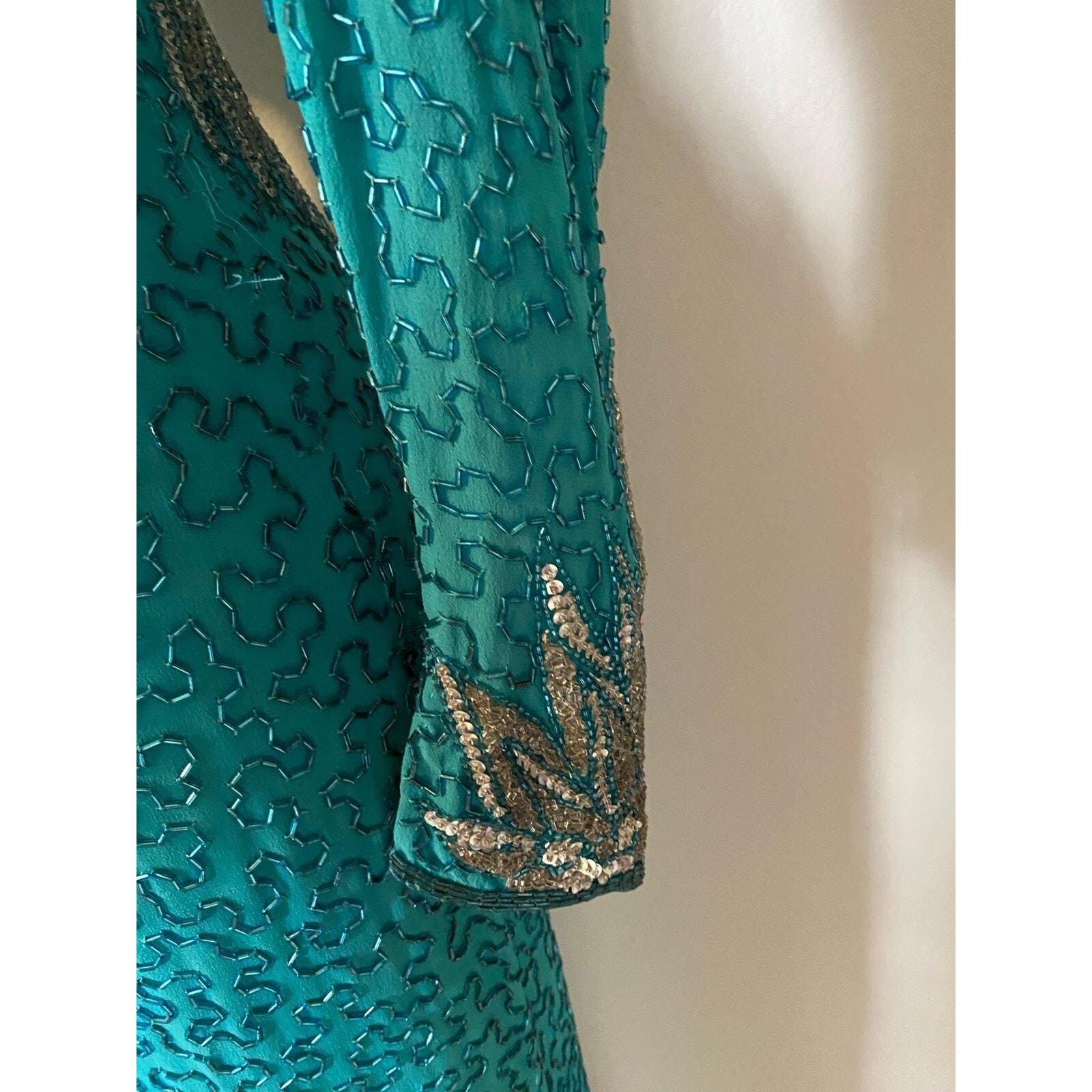 Vintage 80s Naeem Khan Riazee Nights Beaded sequined Teal 100% Silk Gown size 6