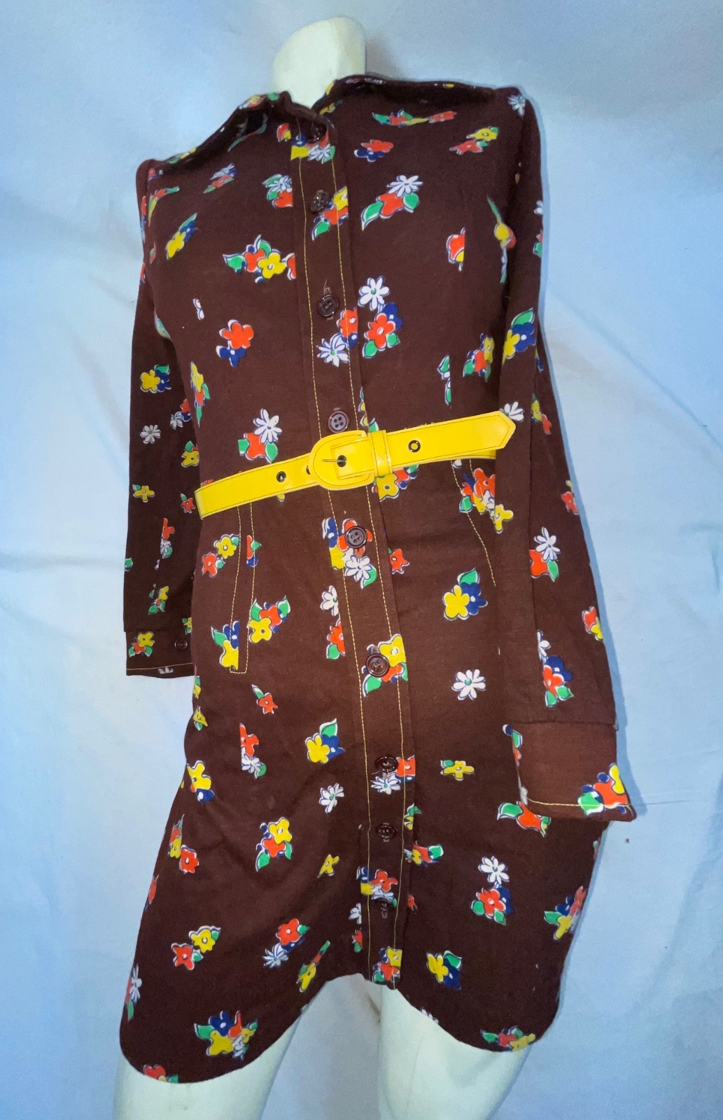 VTG 60S 70 WOMENS BROWN CUTE BABY DOLL MOD GOGO DISCO BUTTON FLOWER PRINT DRESS