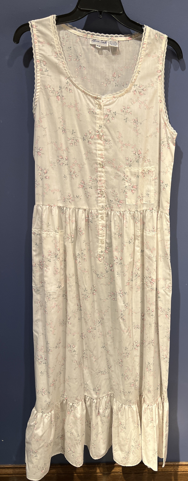 Womens 14 House Gown Vintage Cottage Core Floral Lace Trim, Pockets, Ruffled