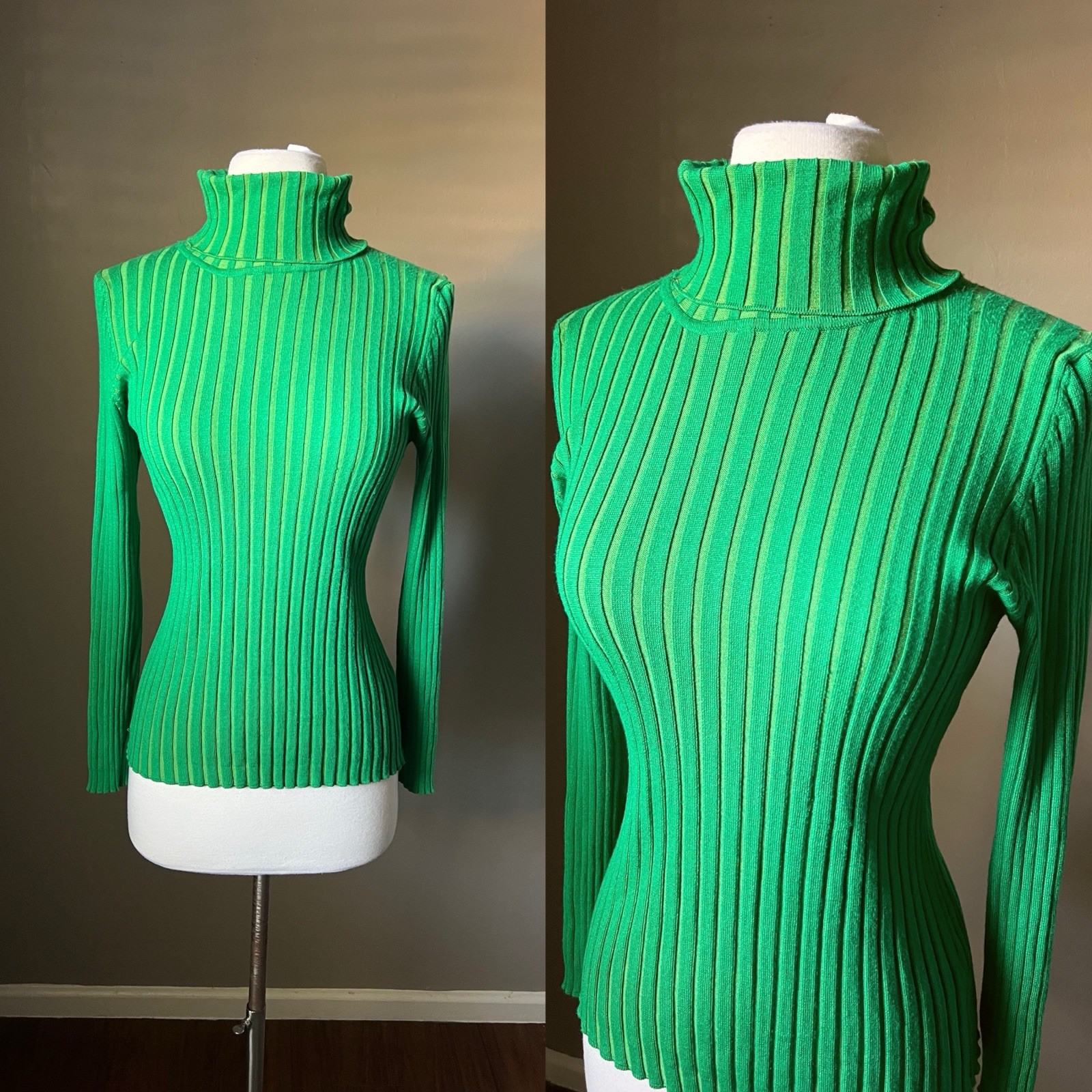 Vintage Y2K Ribbed Knit Top XL Green Turtleneck Chunky Cyber Grunge Office 90s