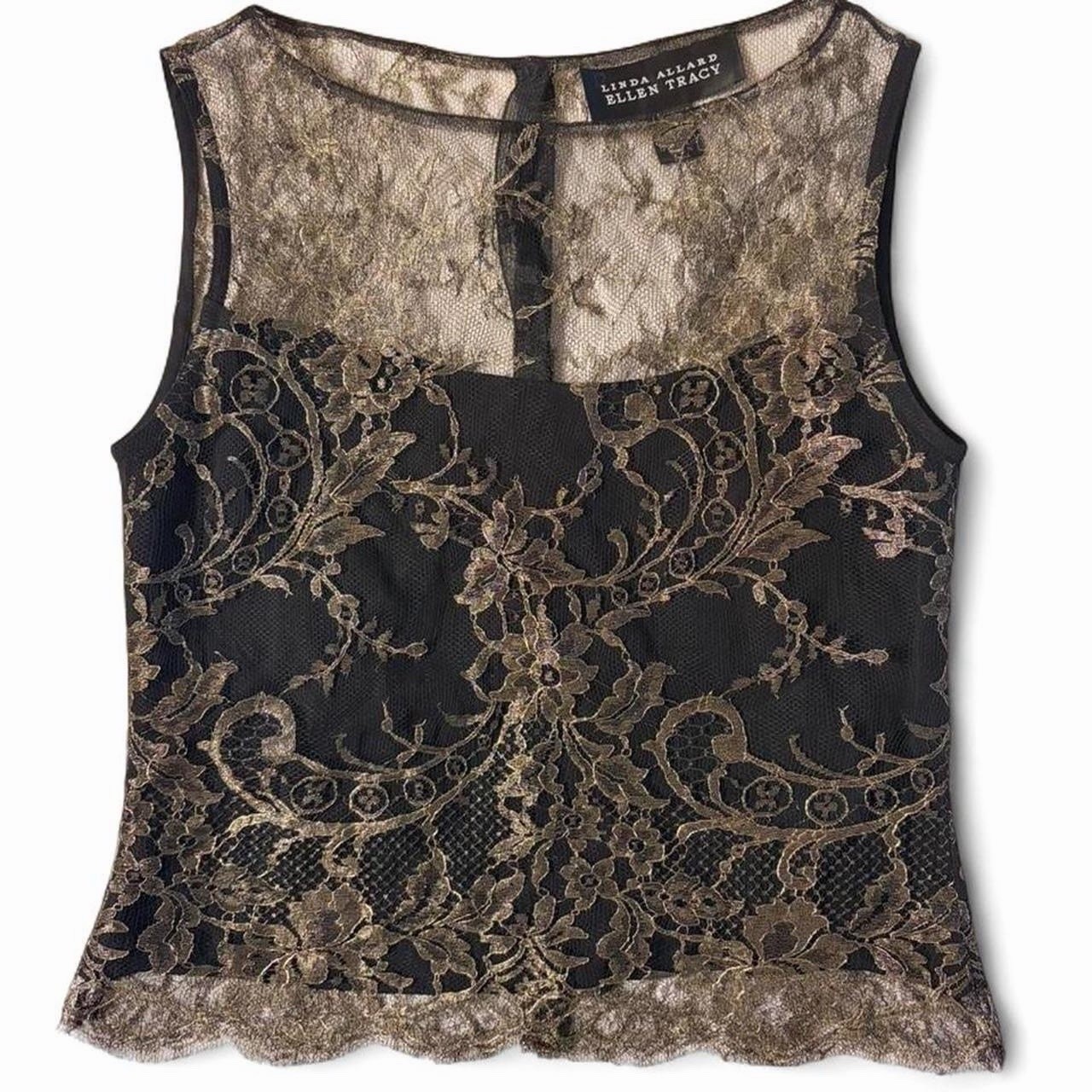 Linda Allard Ellen Tracy Metallic Gold Black Lace Mesh Top Petite 0