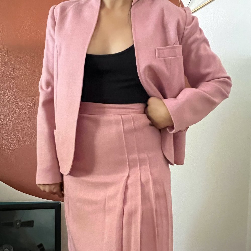 Vintage 1970s Pink Skirt Suit Pleated Blazer Set Small Wool Blend