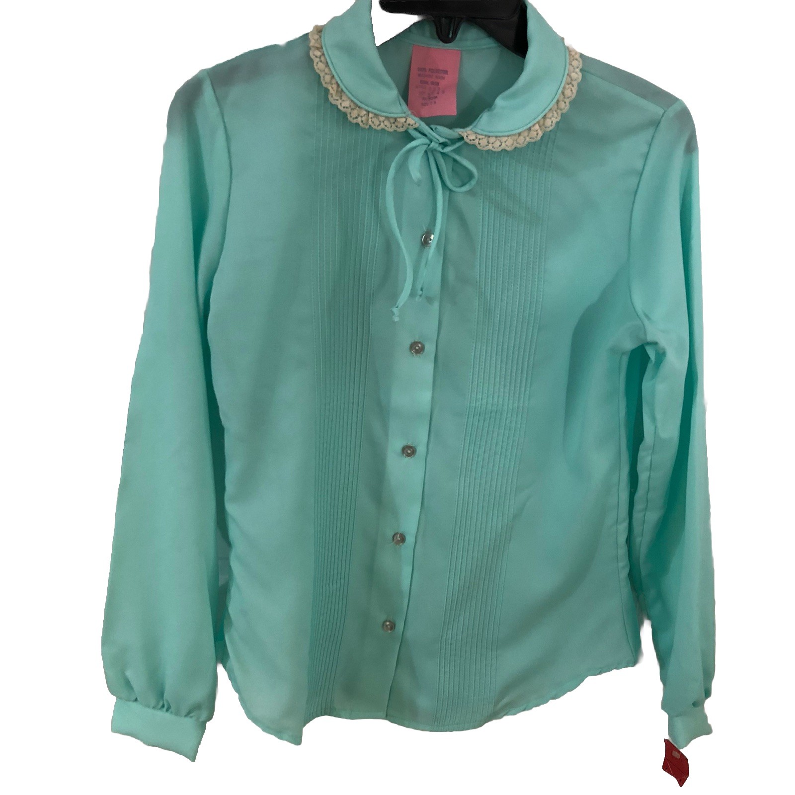 Vintage Women’s Blouse 7-8(S) Mint Green Lace Collar Buttons Pin-tuck Pleats Tie