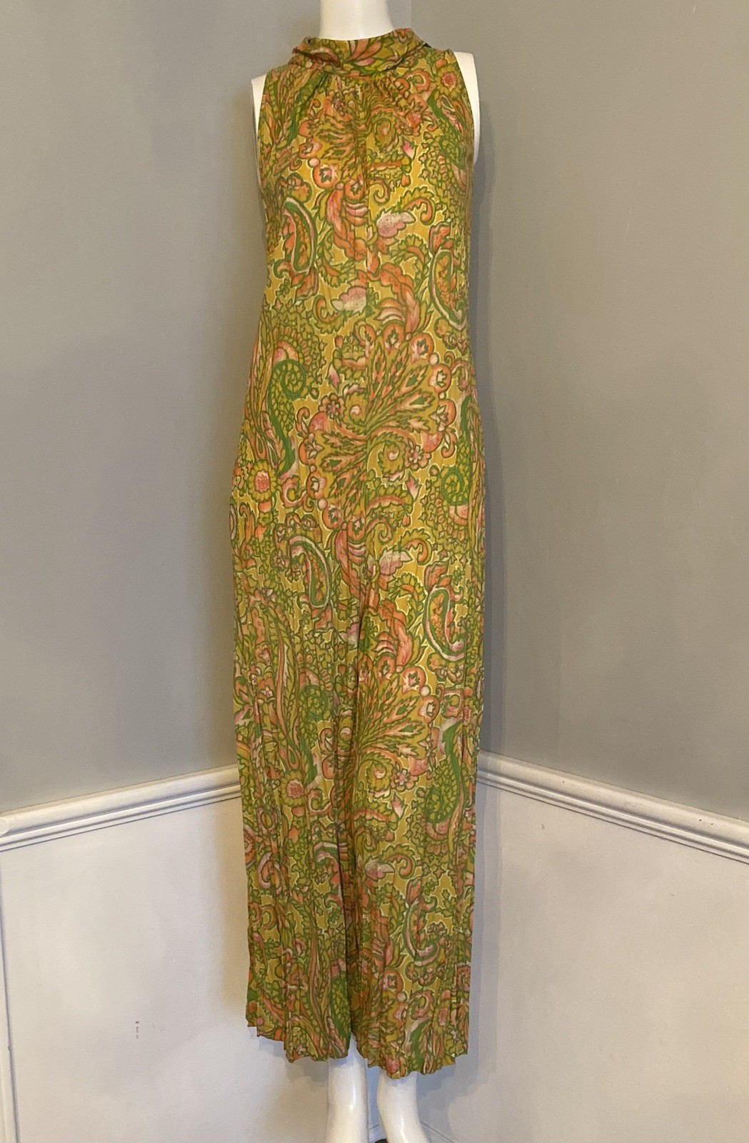 Vintage Womens Jumpsuit Wide Leg Mod Disco Boho Paisley Sleeveless Hippie Size M