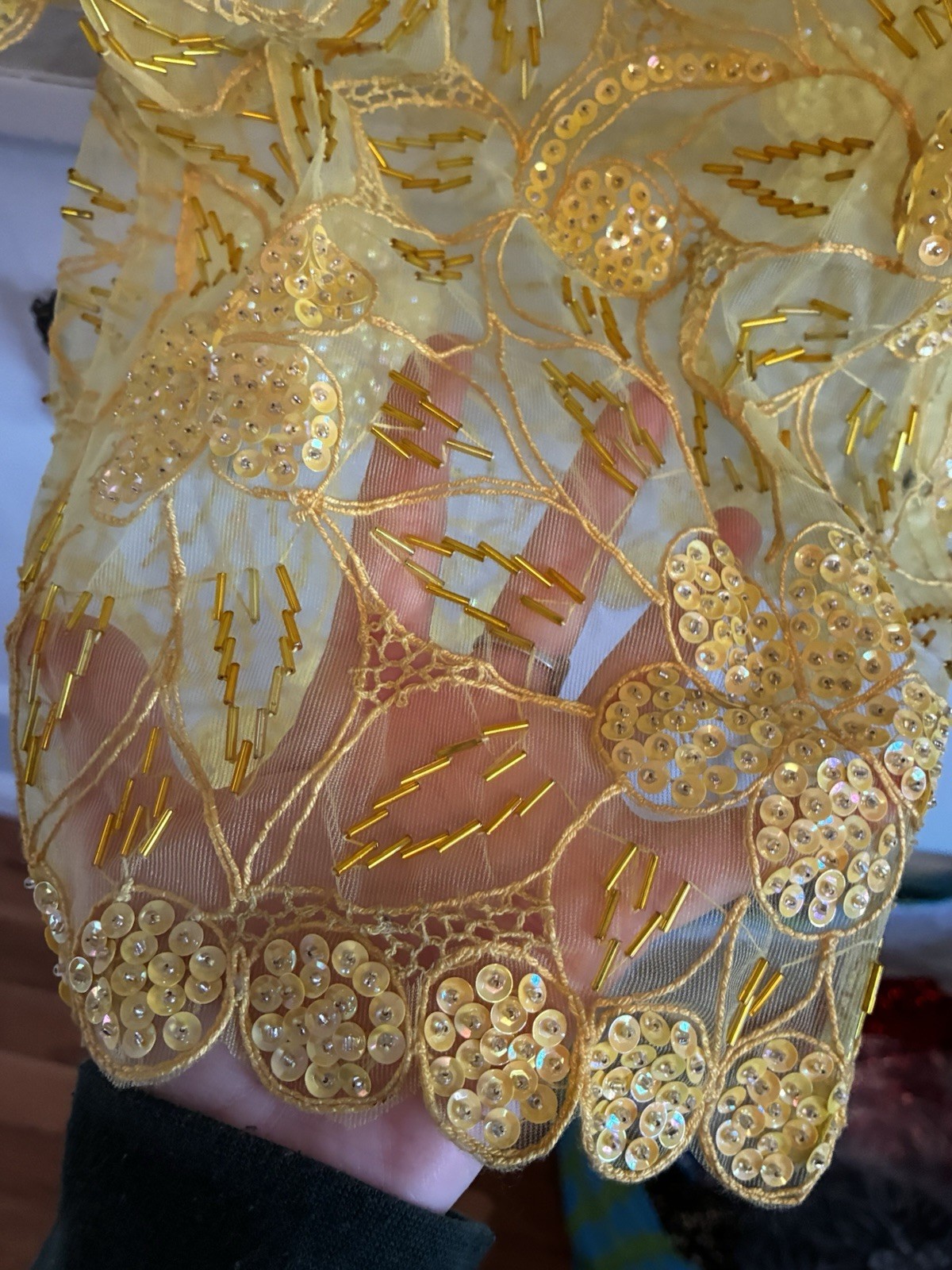 Yellow Vintage 1990s Beaded Sequin Sheer Short Sleeve Blouse Festive Glam S/M
