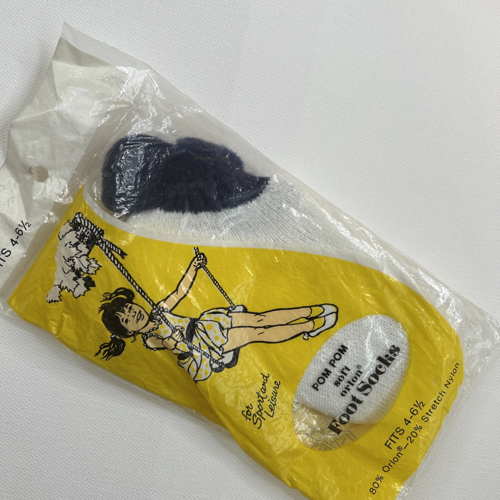 VTG Pom Pom Socks White Navy Size 4-6.5 Girls Orlon 70s NOS Low Cut Ankle USA