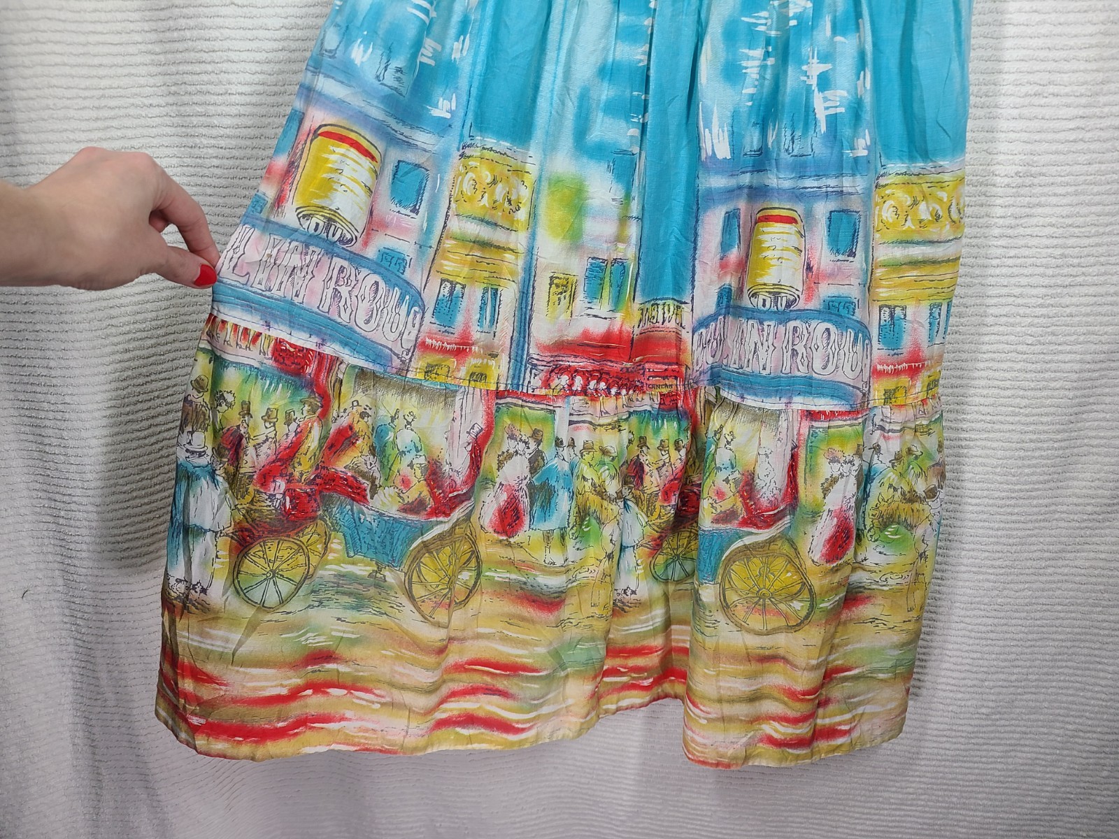 Vtg 50s Moulin Rouge Dress Border Print Tiered Skirt Novelty Cotton RARE AsIs S