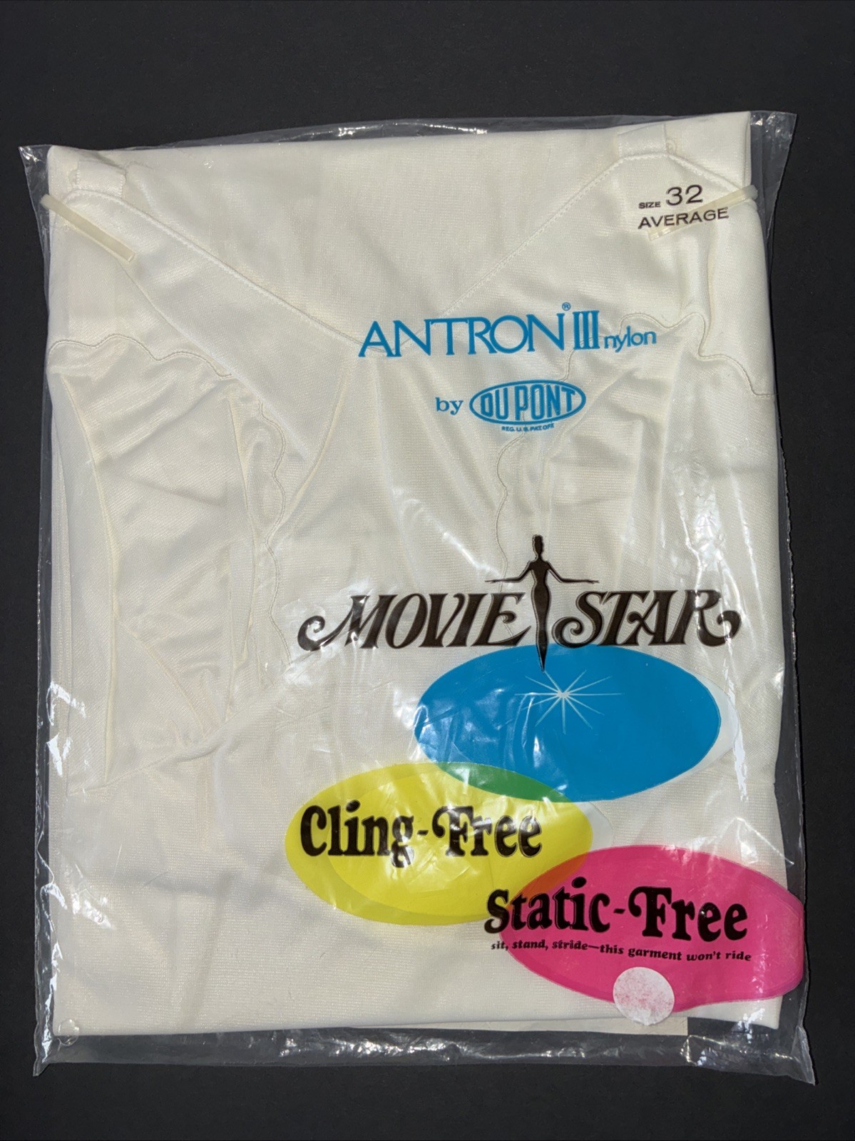 NOS Vintage Antron lll Nylon White Slip Size 32 Average Cling Free/Static Free