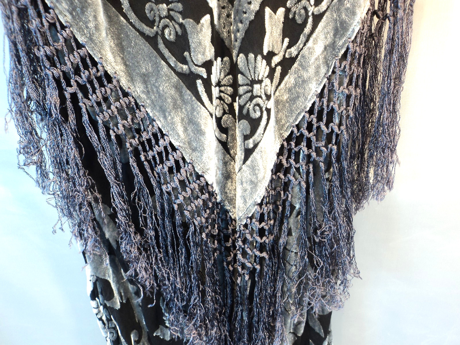 Vintage Aris A Y2K Silk Blend Burnout Velvet Fringe Maxi Dress Sz L