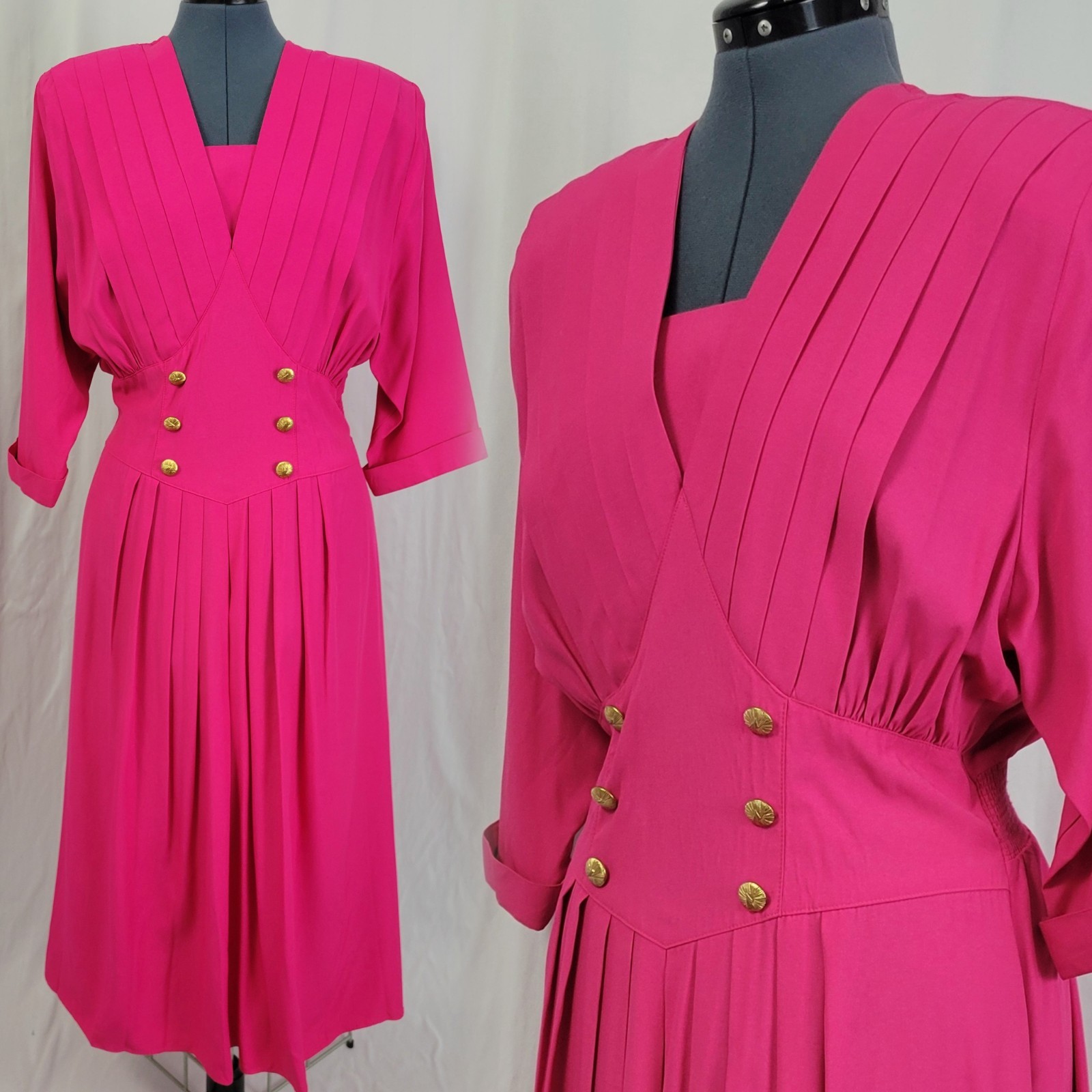 Vintage Piccalino Petites Bright Pink Dress w Gold Button Accents Size 16P