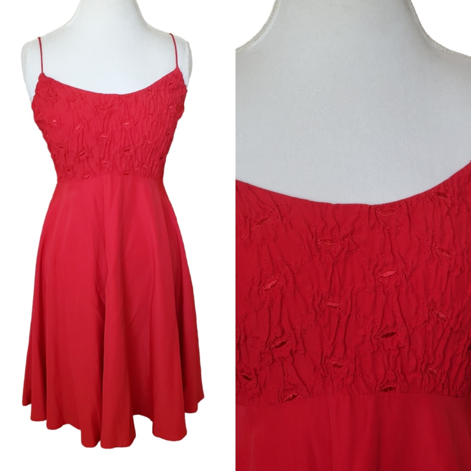 Vintage 90s Red Smocked Babydoll Mini Dress Spaghetti Strap Medium 8 10