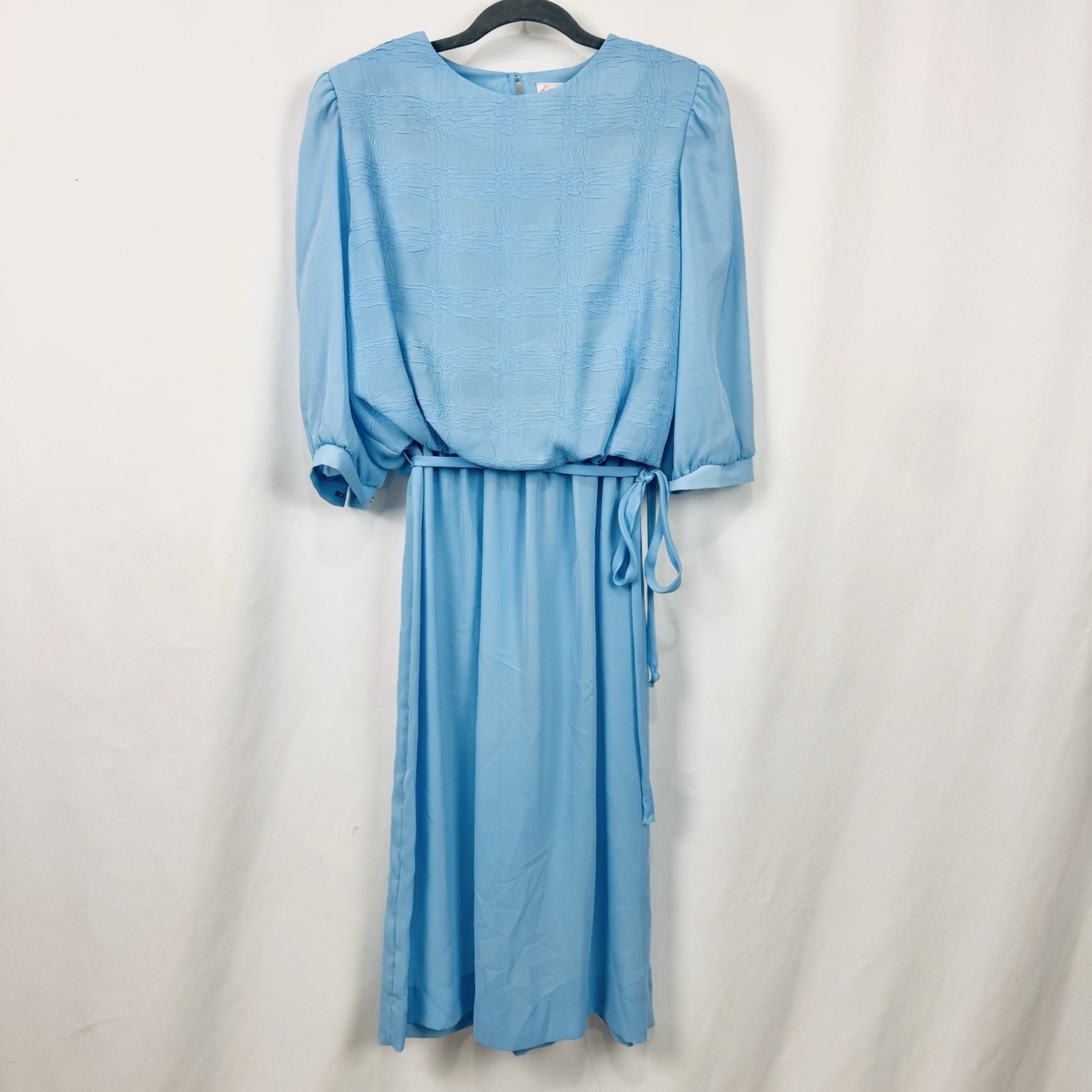 Vintage 70s Lady Carol 12 Blue Lightweight Sheer Blouson Midi Dress 3/4 Sleeve