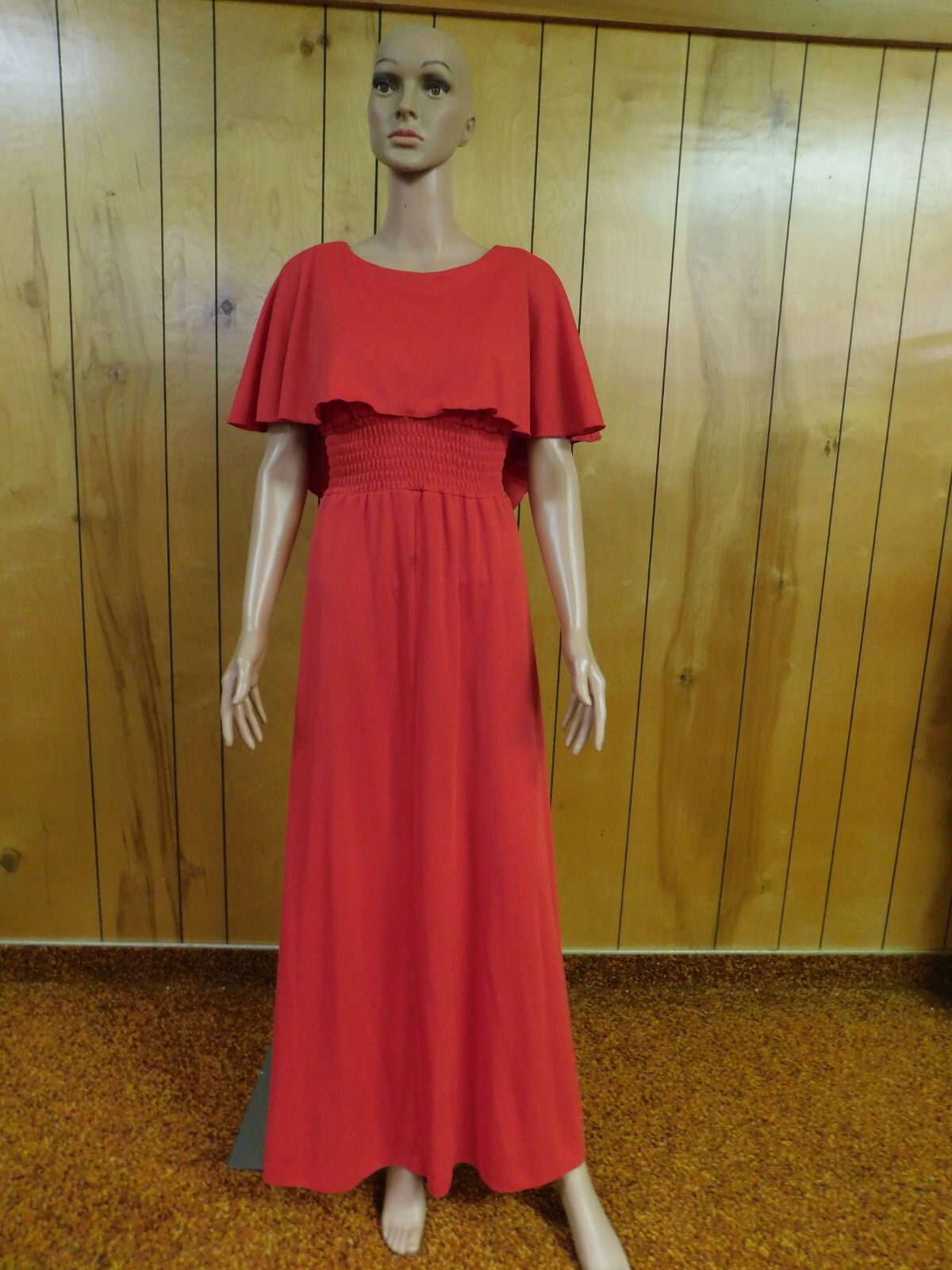 Vintage Red Polyester Gown Maxi Dress 26- 30″ W Soiled*
